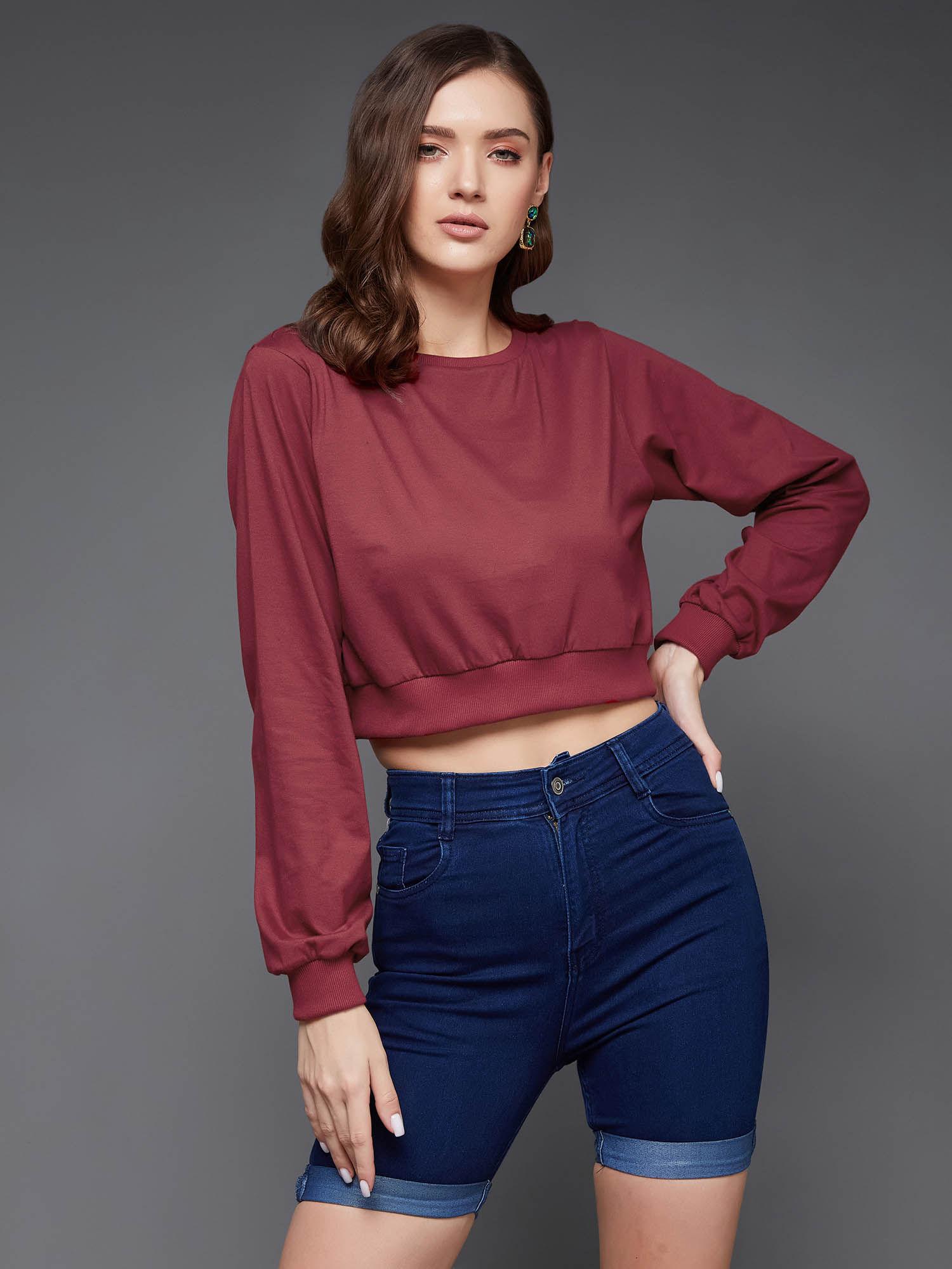 womens maroon round neck full sleeves solid crop top