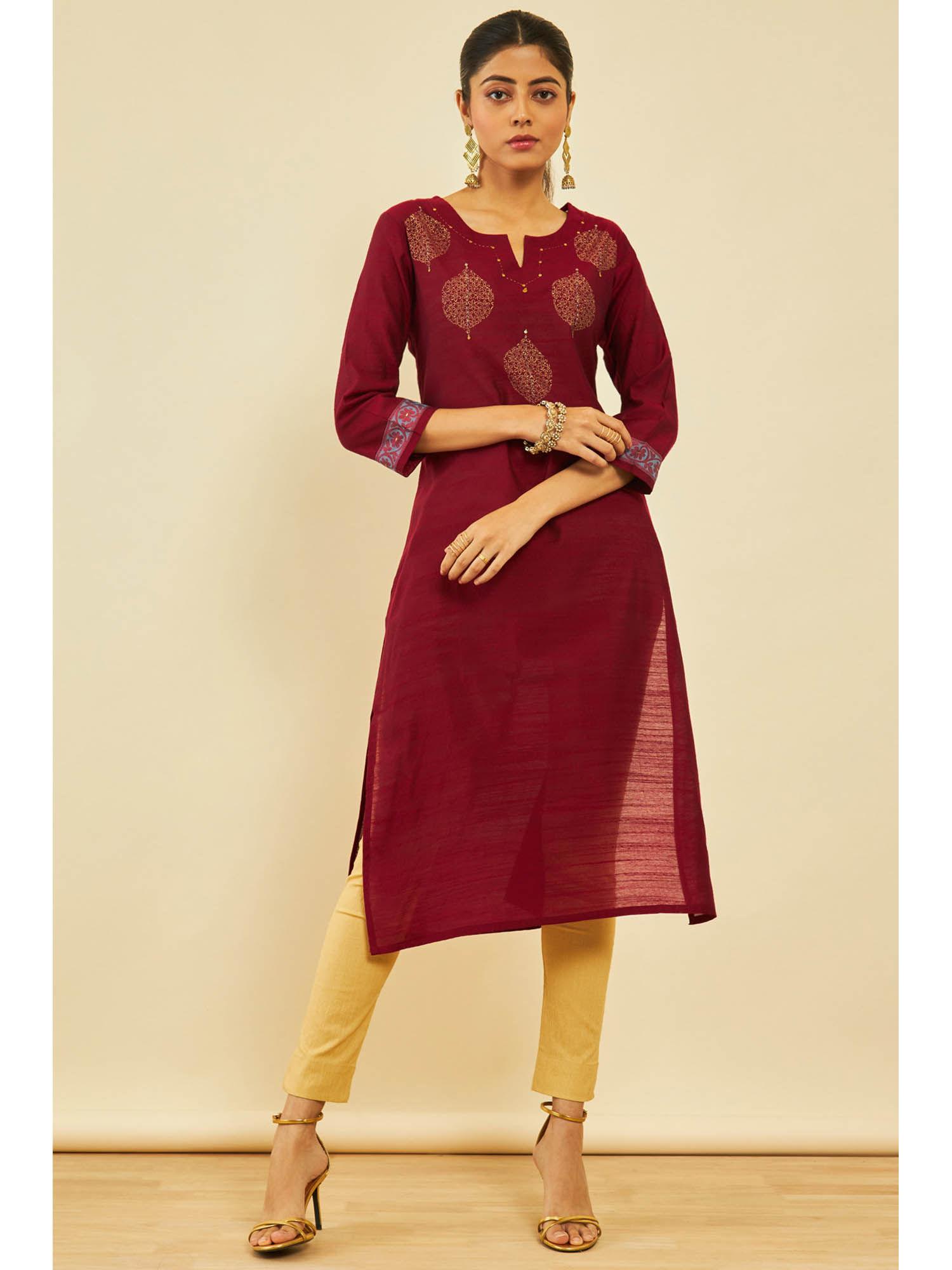 womens maroon silk blend foil print kurta with sequins