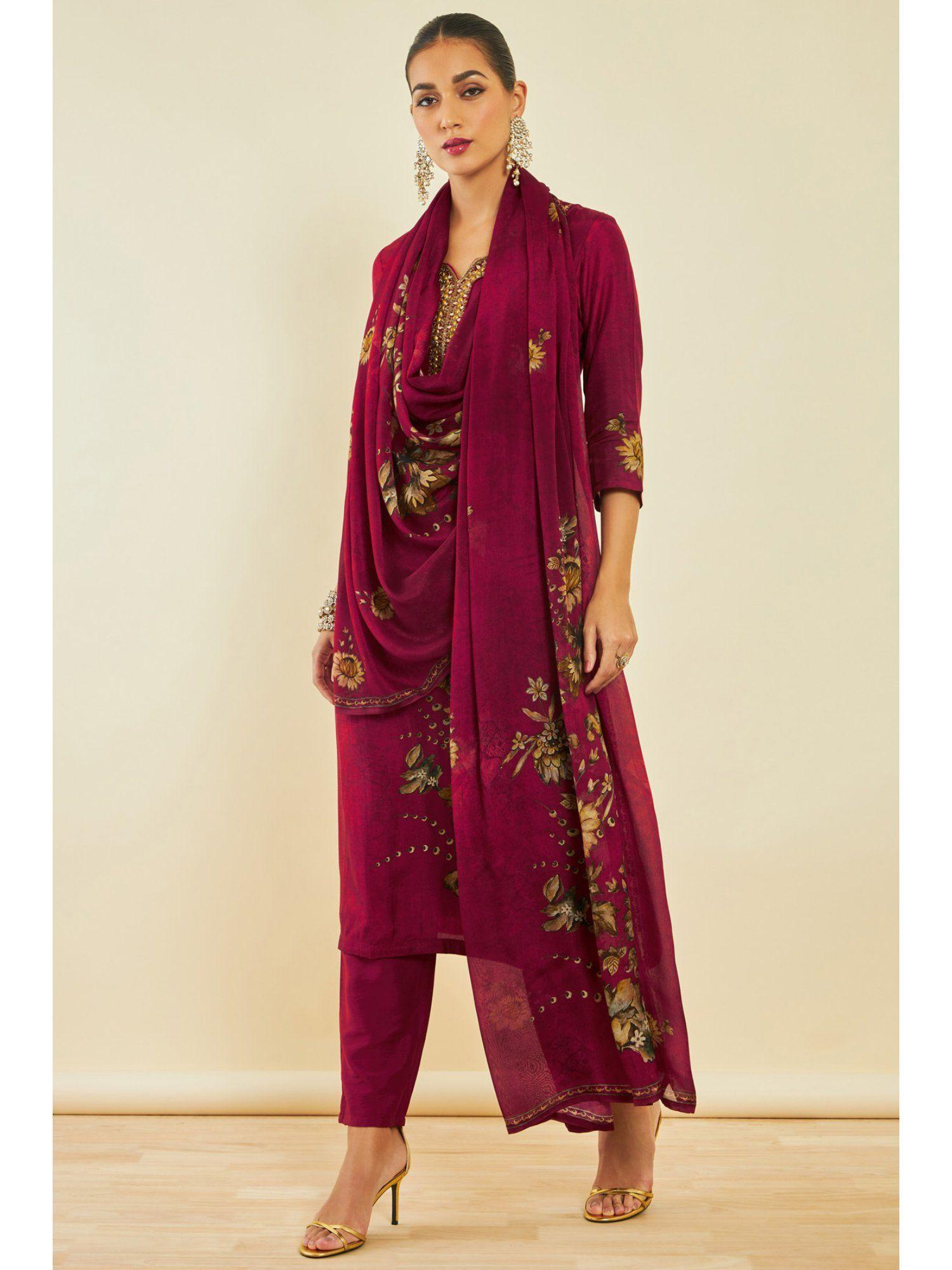 womens maroon silk blend kurta with floral print and hand embroidery (set of 3)