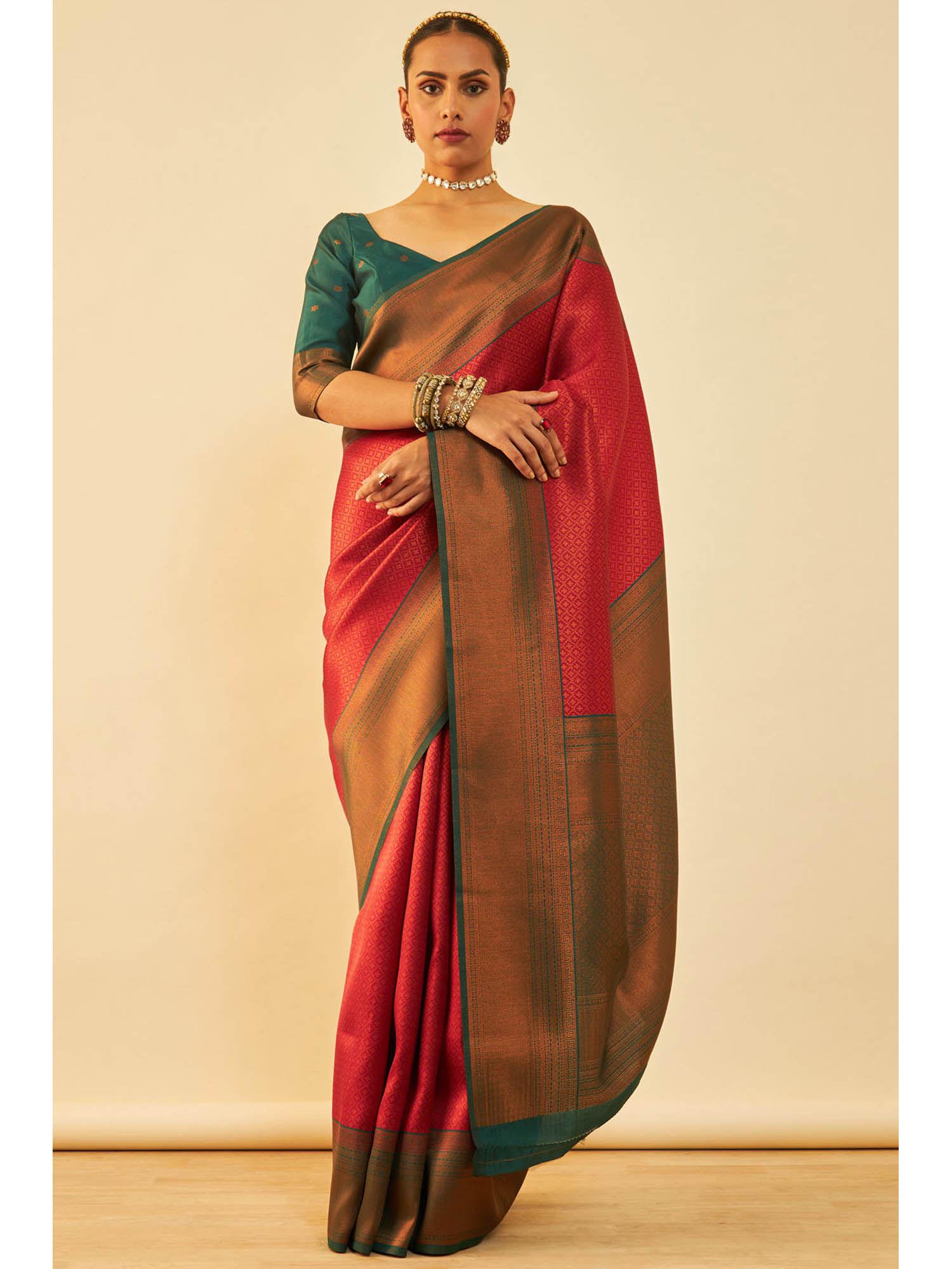 womens maroon silk blend zari woven saree with unstitched