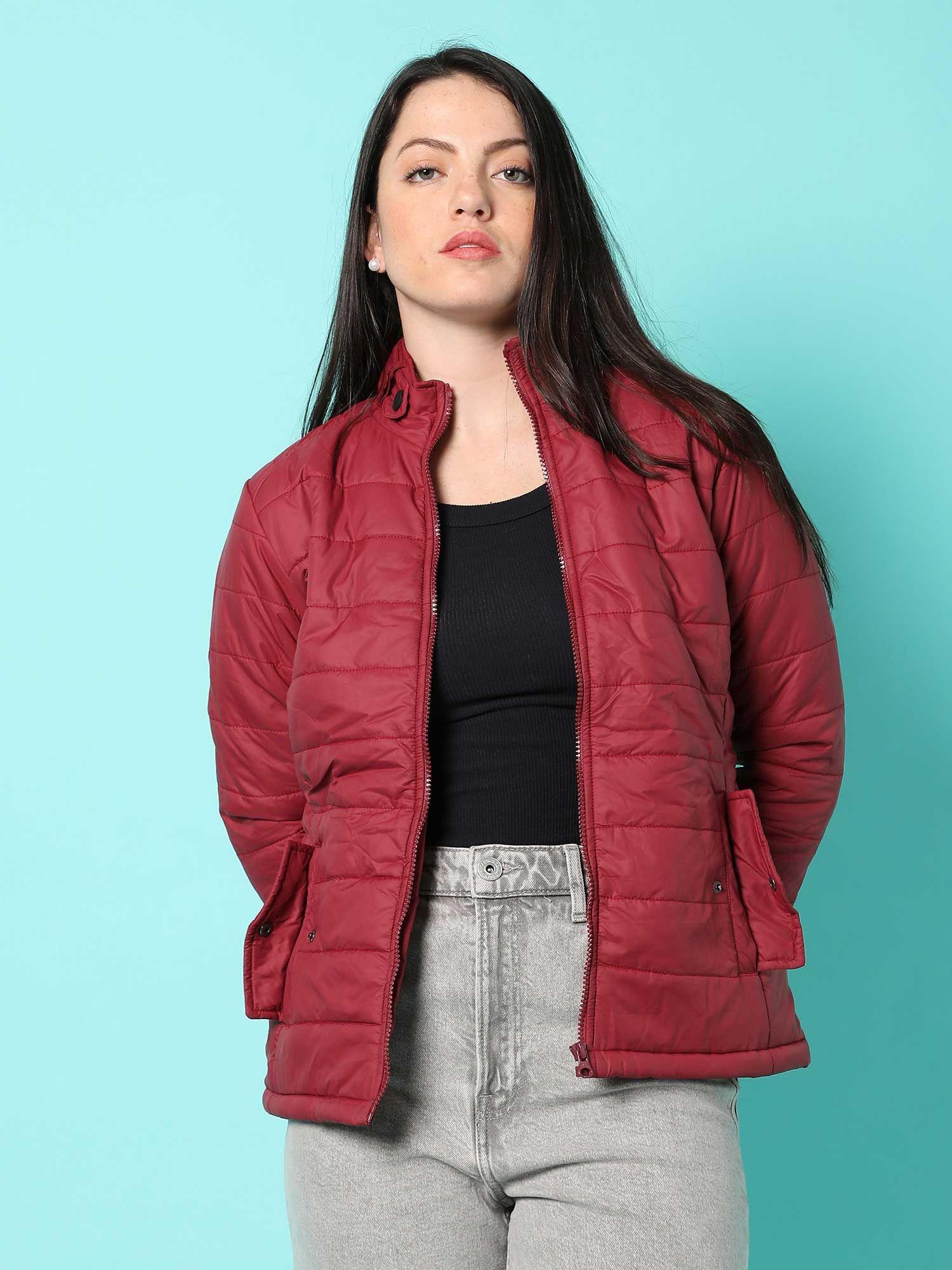 womens maroon solid bomber jacket