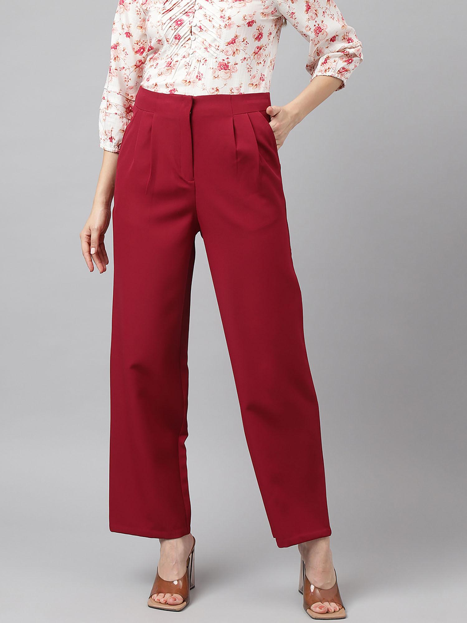 womens maroon solid casual pant