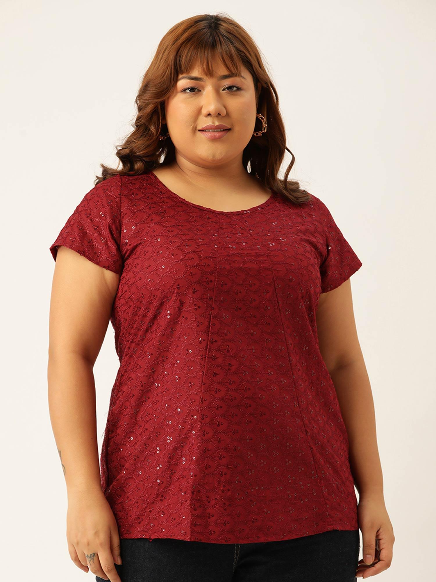 womens maroon solid color embroidered top