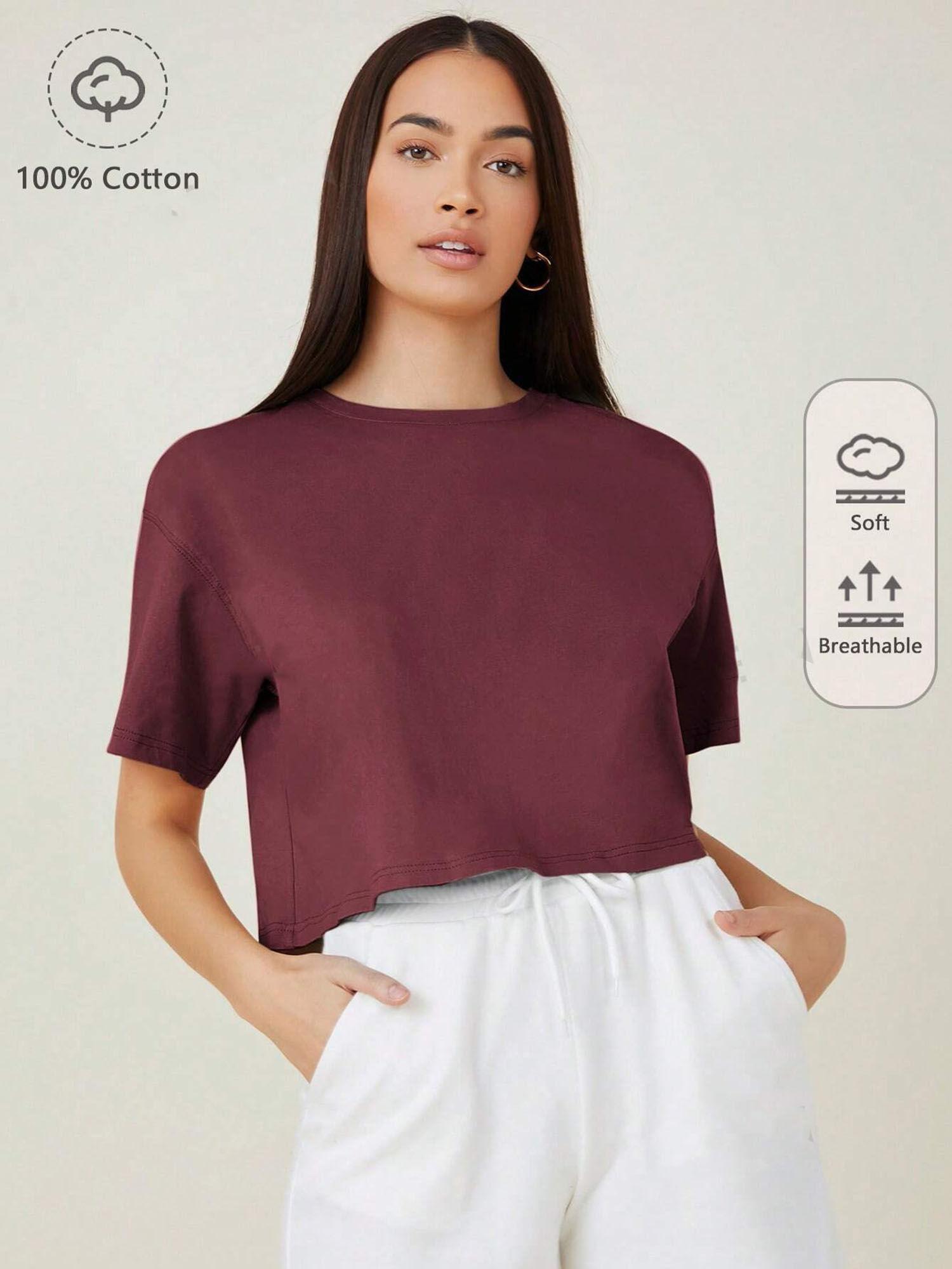 womens maroon solid cotton blend oversized crop t-shirt