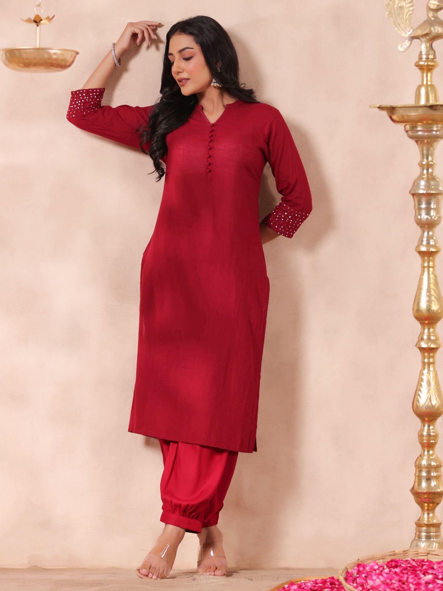 womens maroon solid mandarin collar pure cotton straight kurta