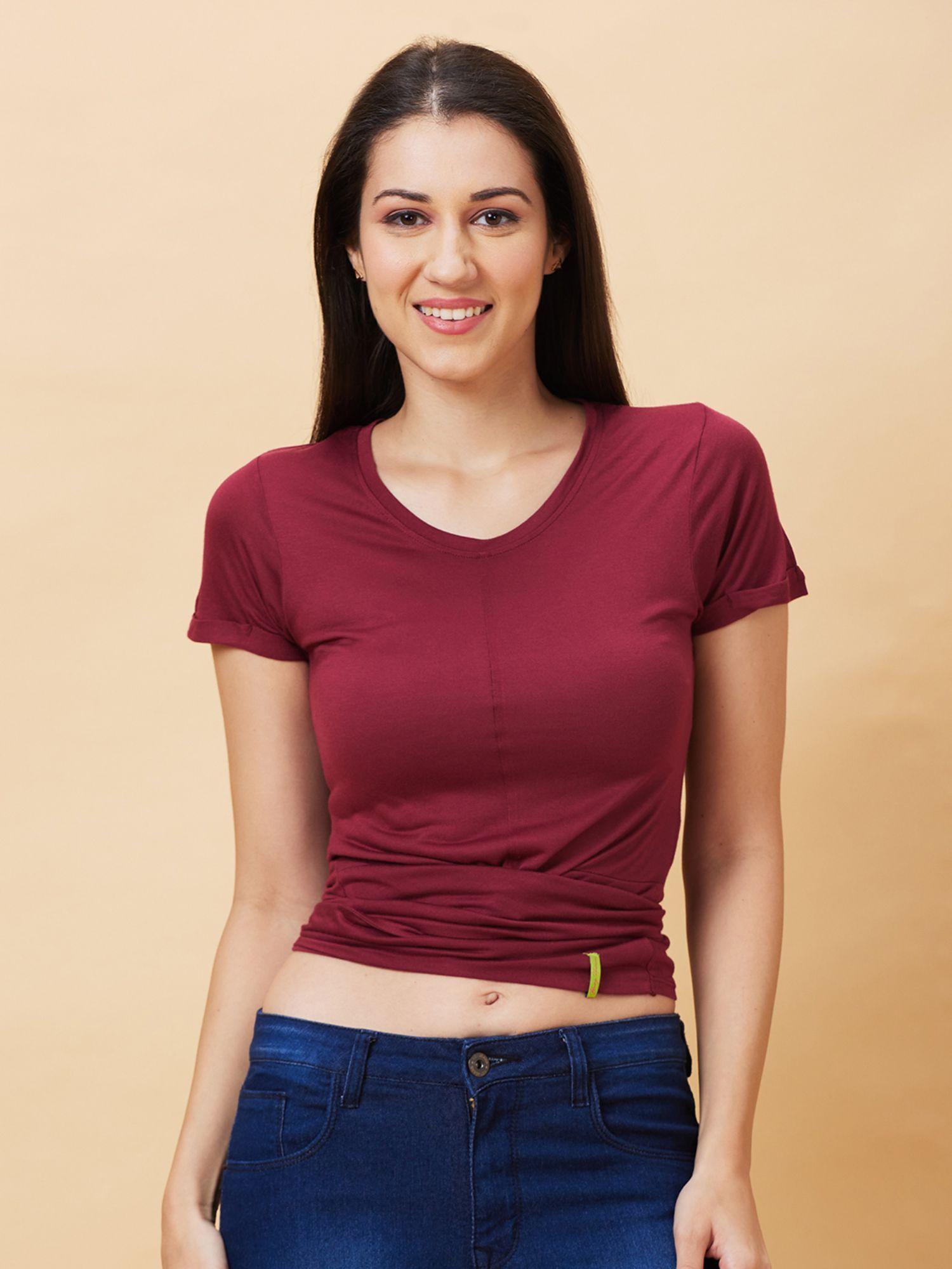 womens maroon solid v-neck t-shirt