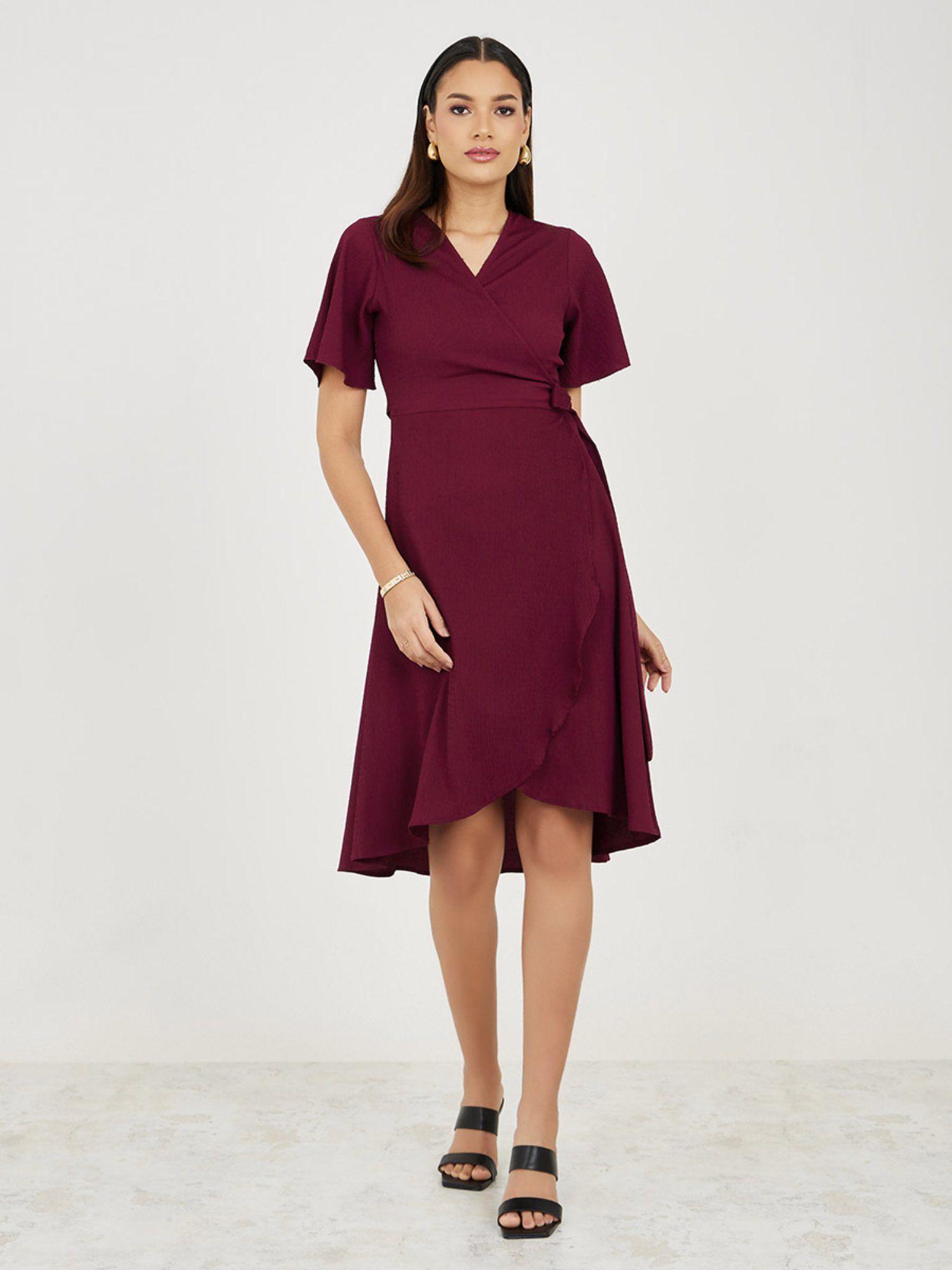 womens maroon textured wrap mini dress