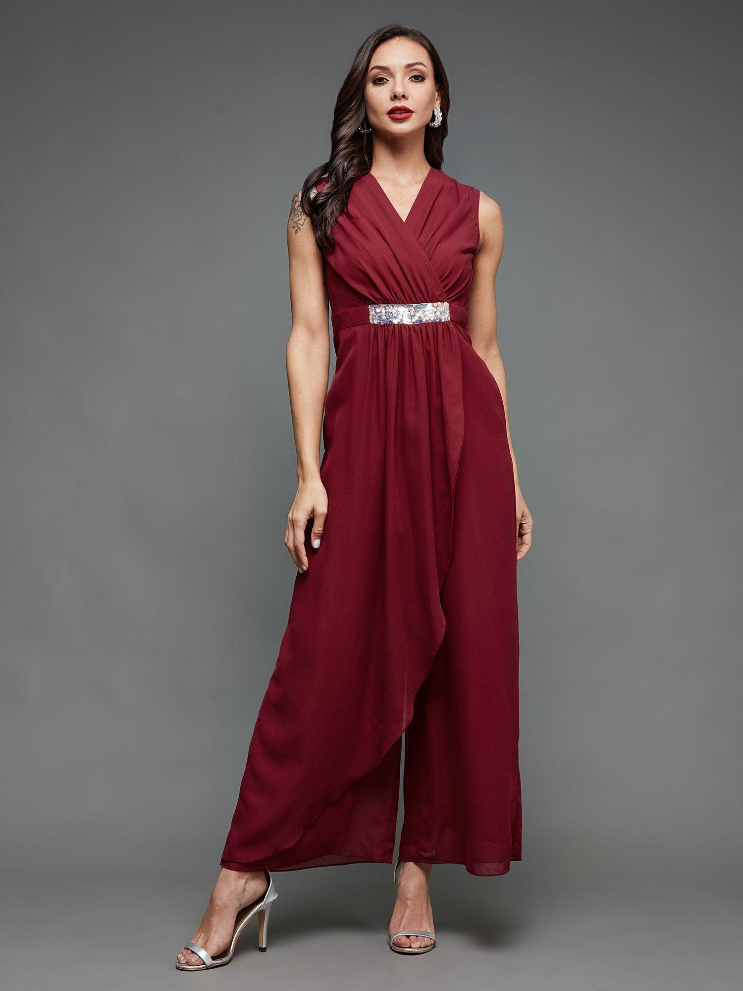 womens maroon v-neck sleeveless embellished wrap regular-length jumpsuit