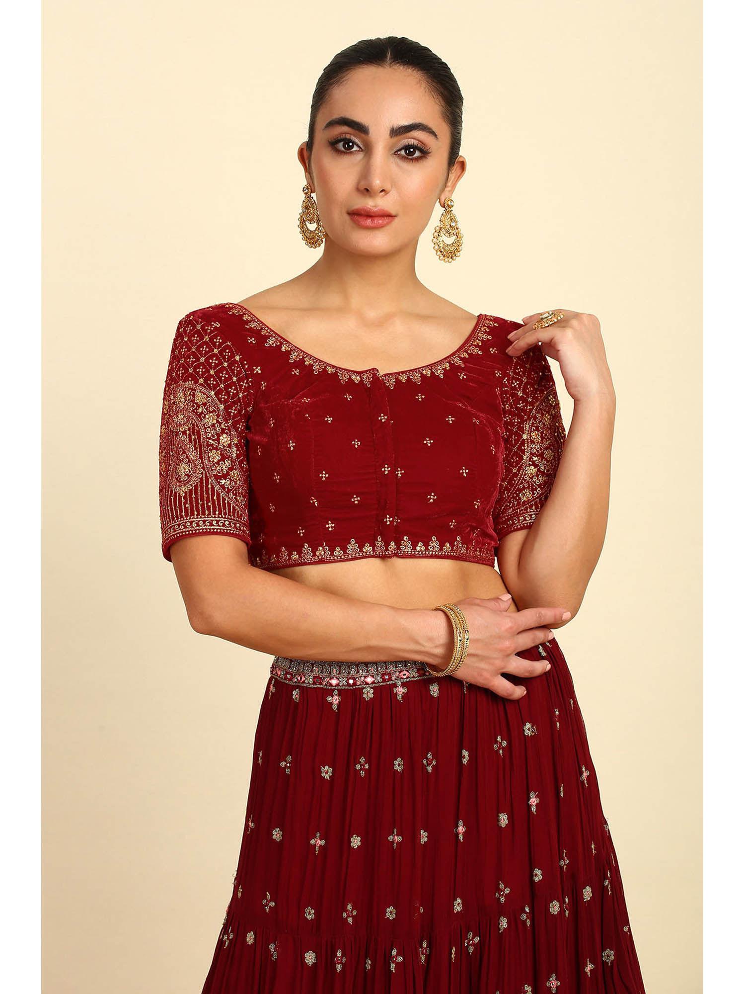 womens maroon velvet embroidered padded blouse with stone work