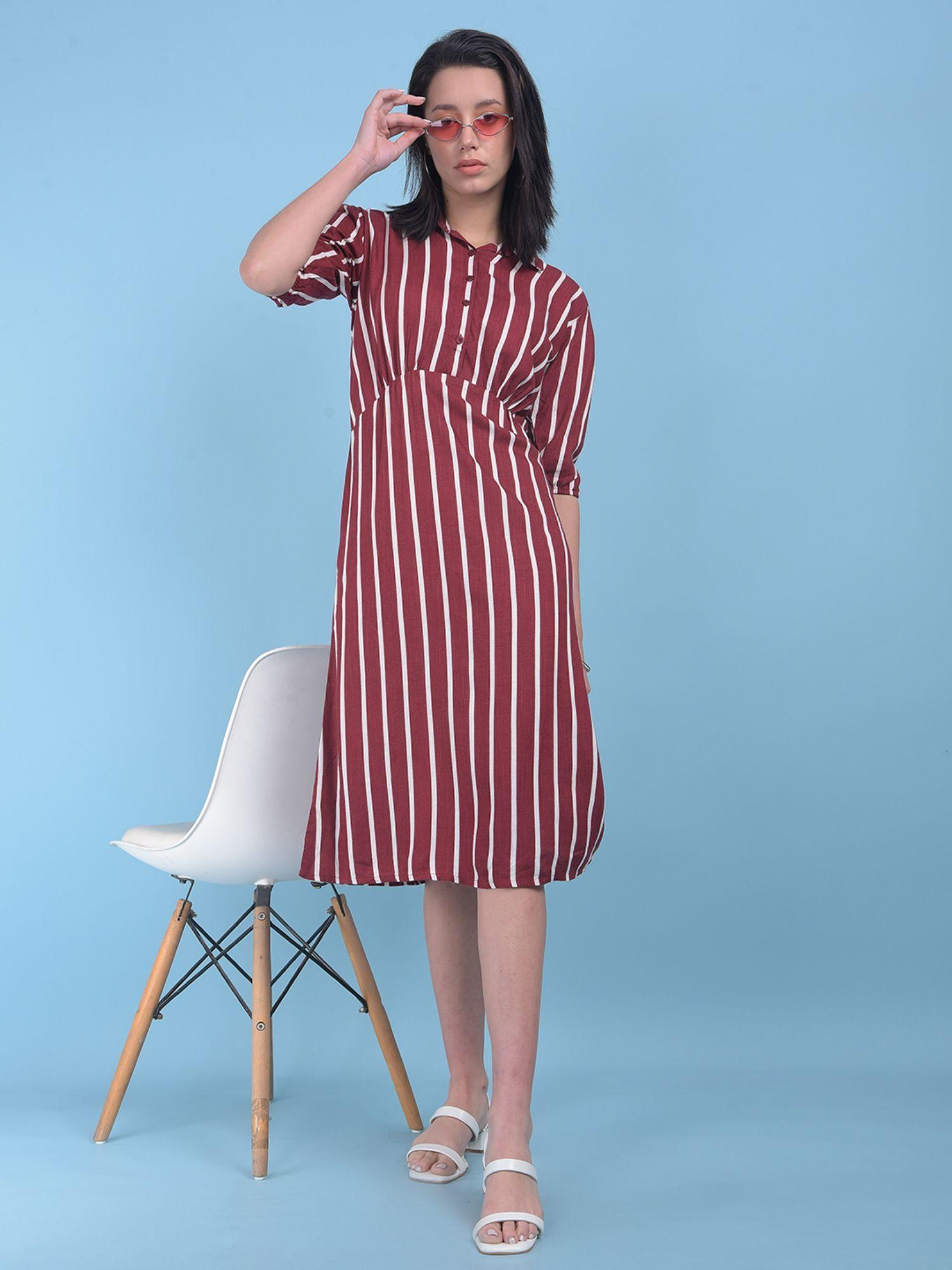 womens maroon vertical striped a-line dress