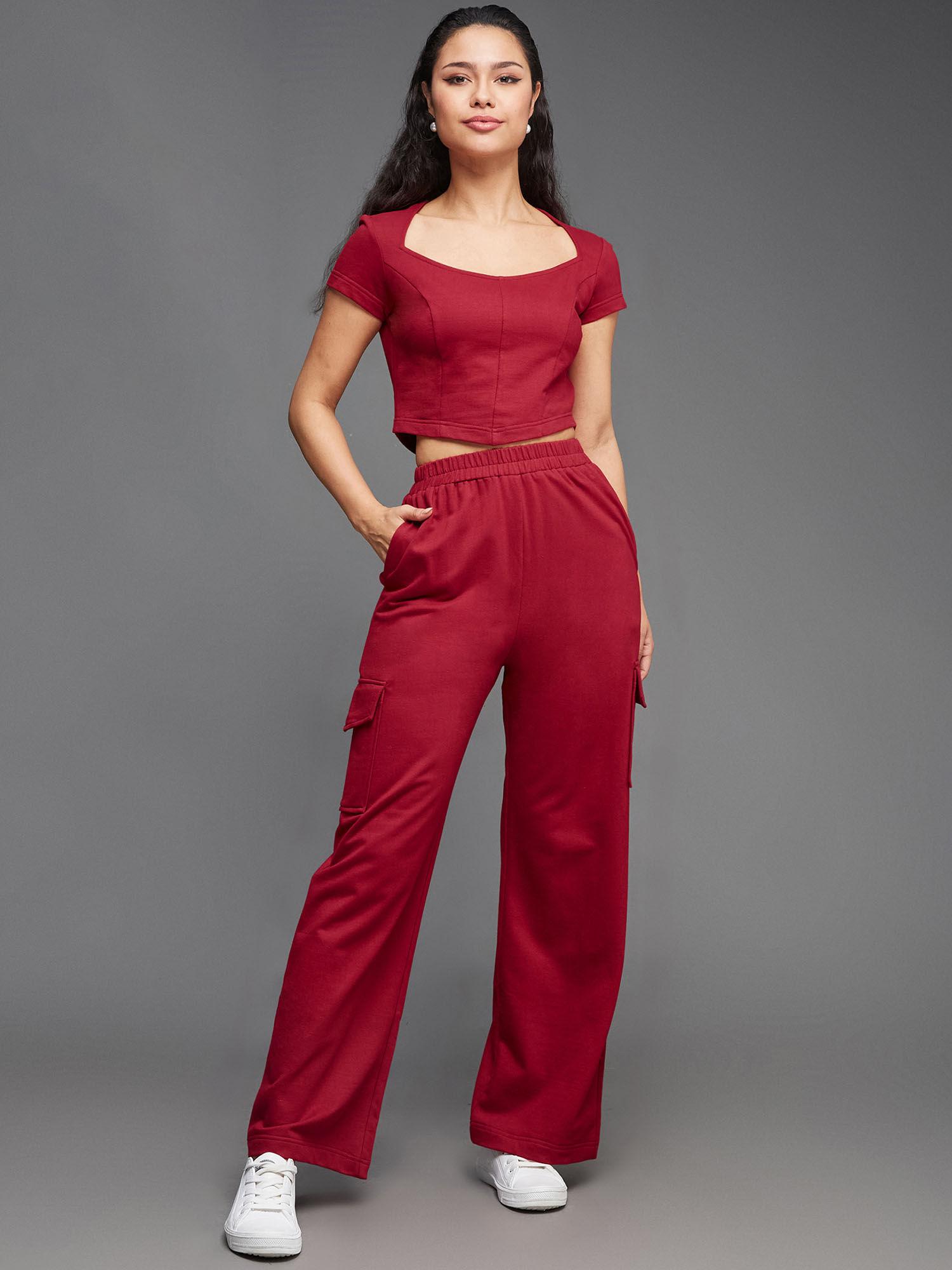 womens maroon wide-neck solid crop top with pant co-ord (set of 2)