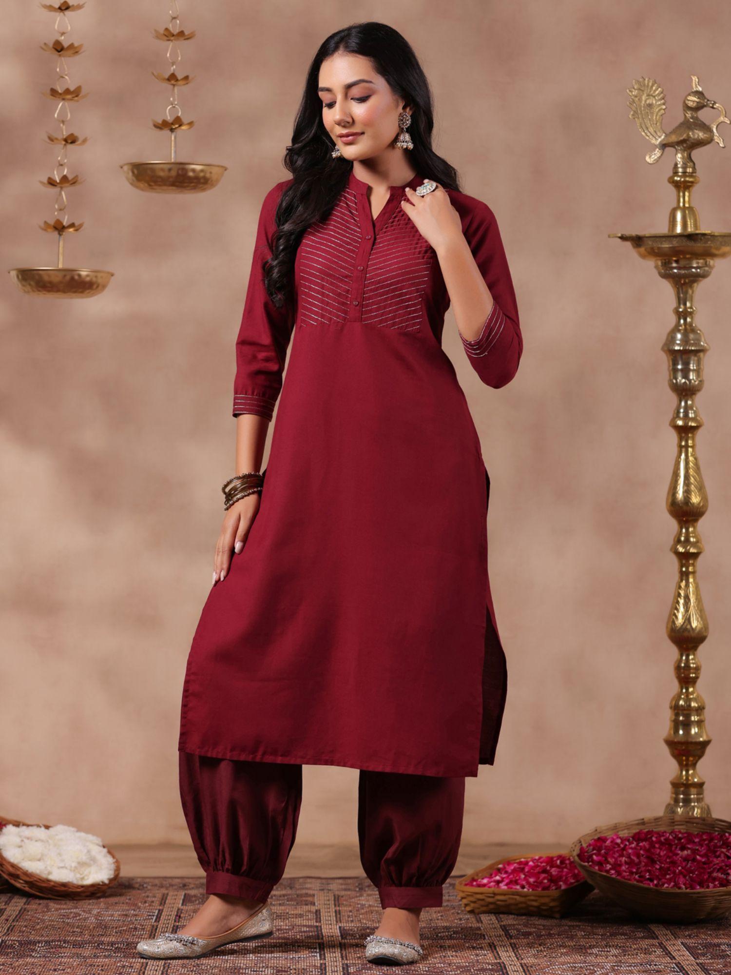 womens maroon yoke design embroidered pure cotton straight kurta