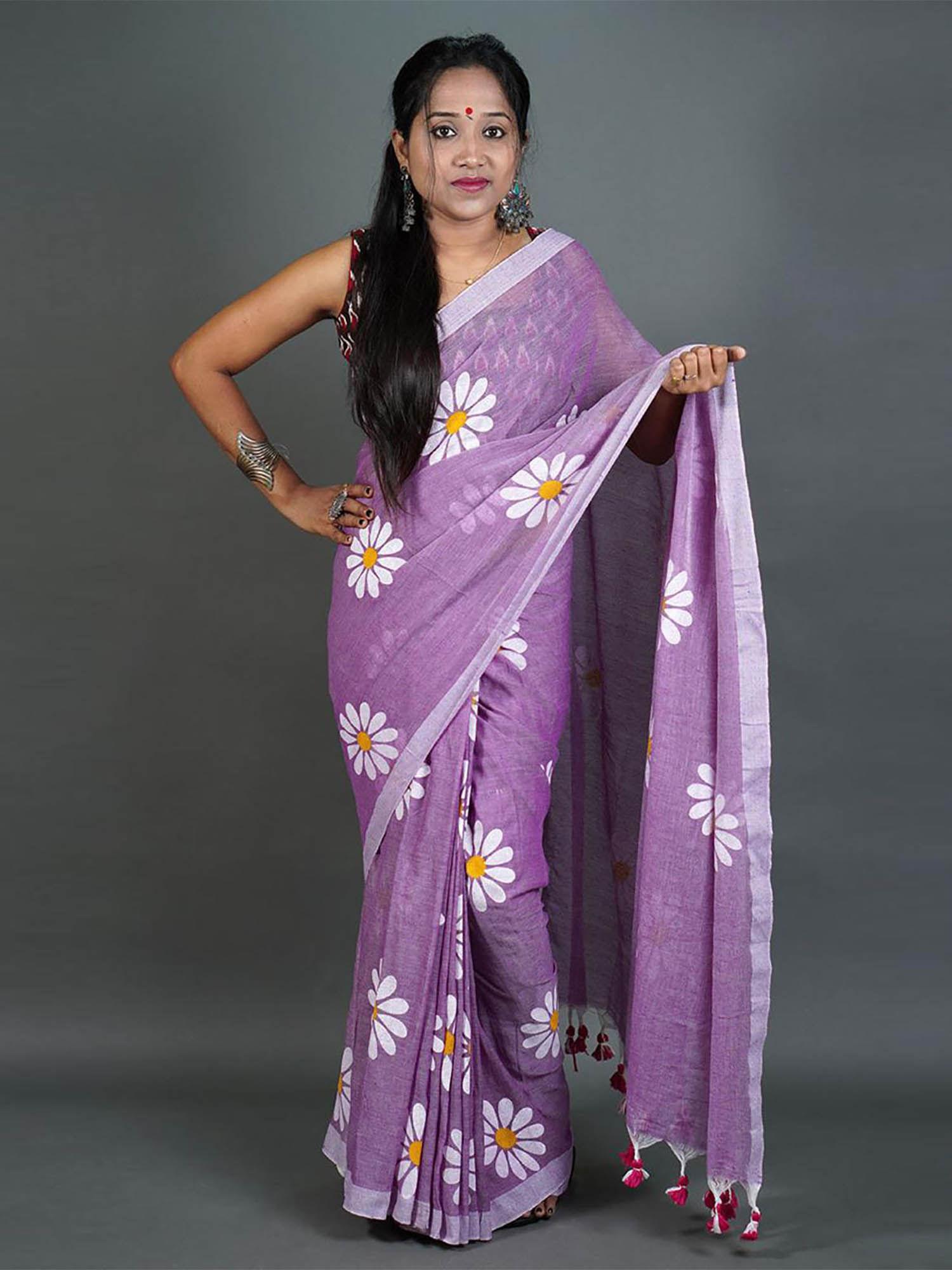 womens mauve printed cotton saree with unstitched blouse