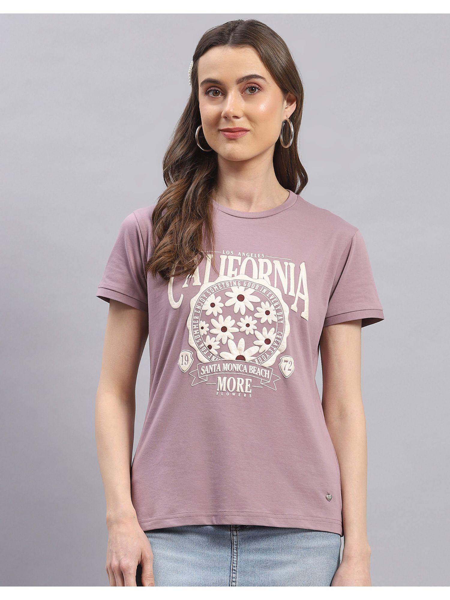 womens mauve printed round neck half sleeve t-shirt