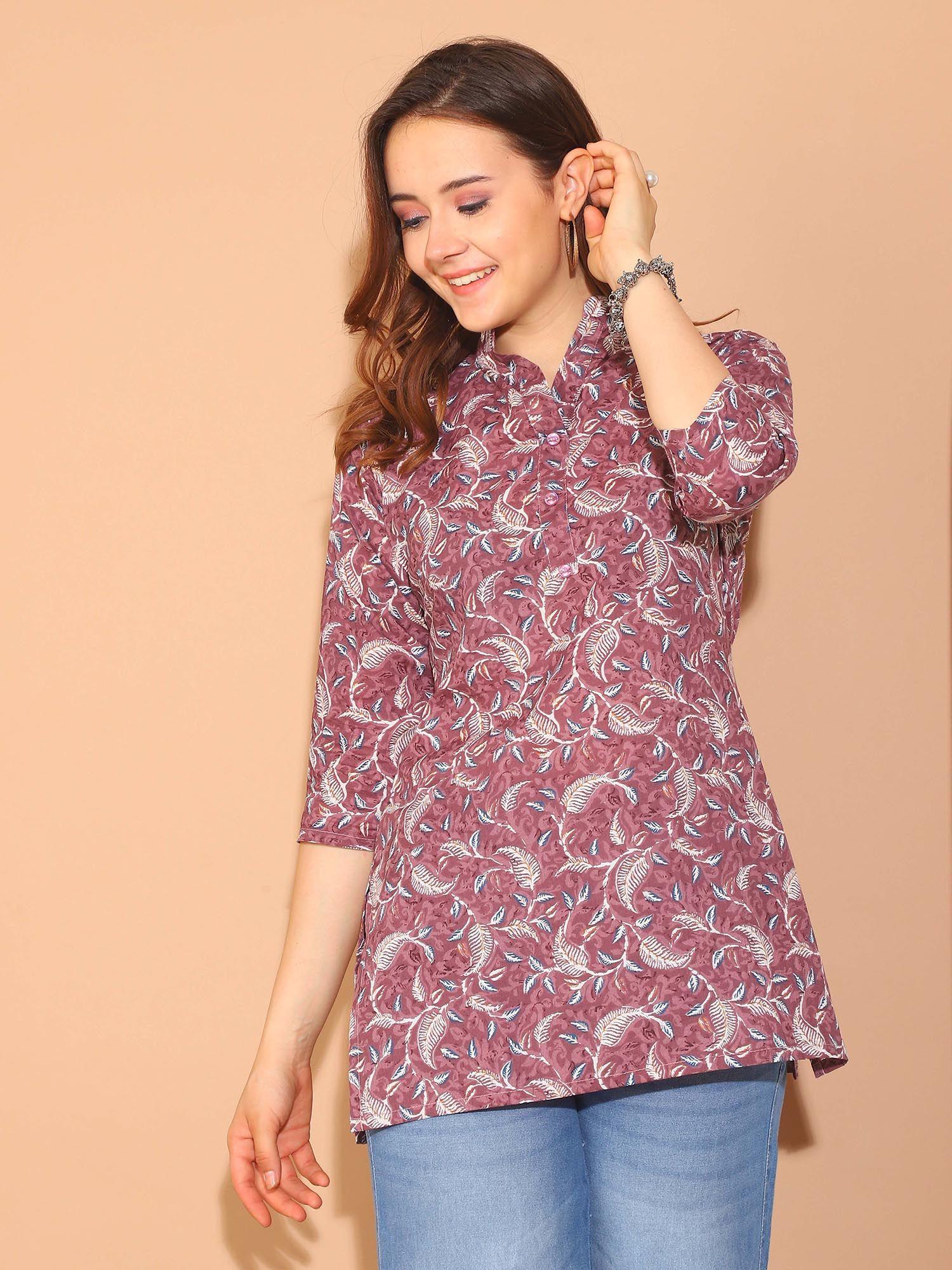 womens mauve pure cotton floral printed tunic