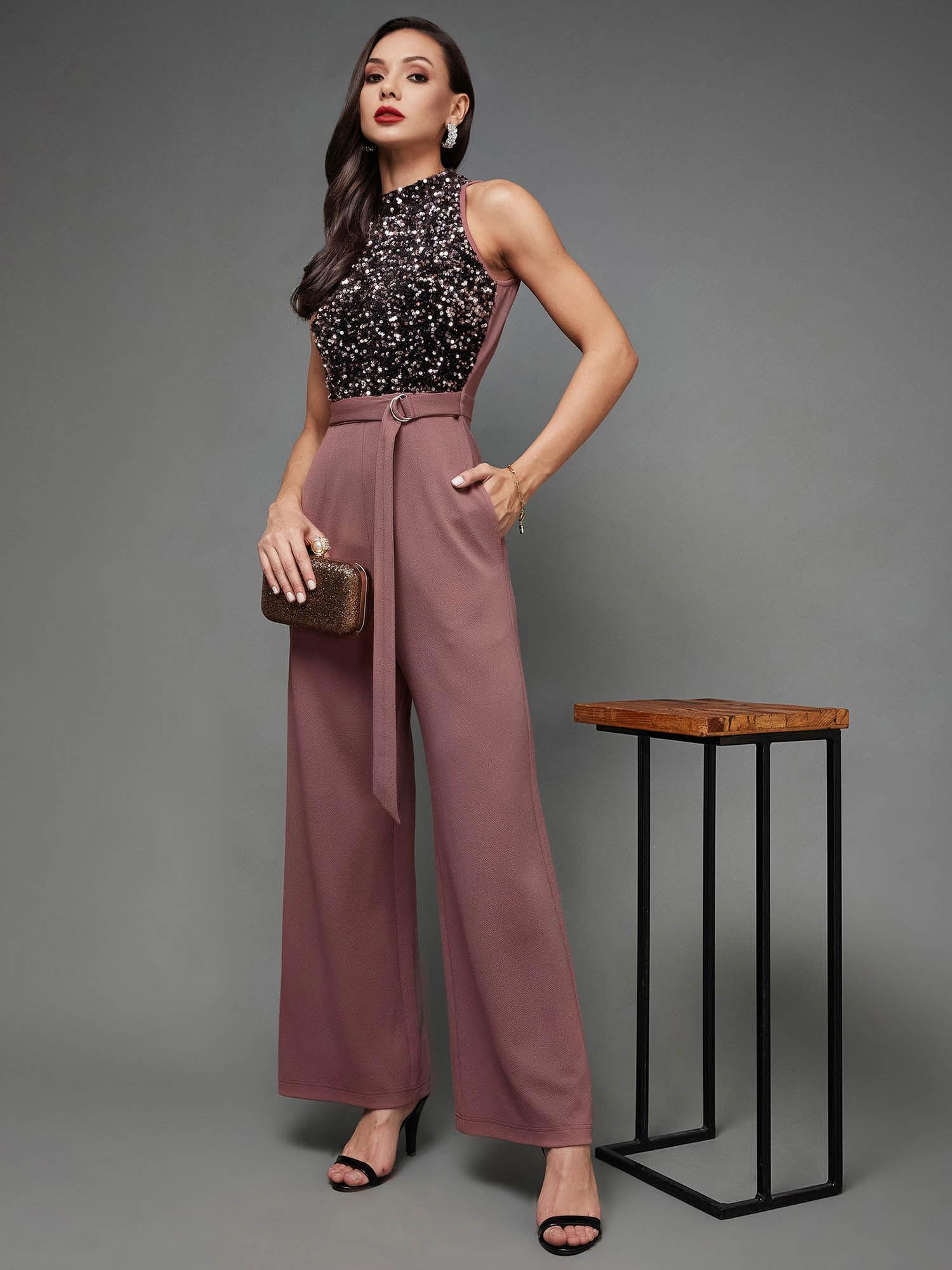 womens mauve sleeveless embellished halter neck regular jumpsuit