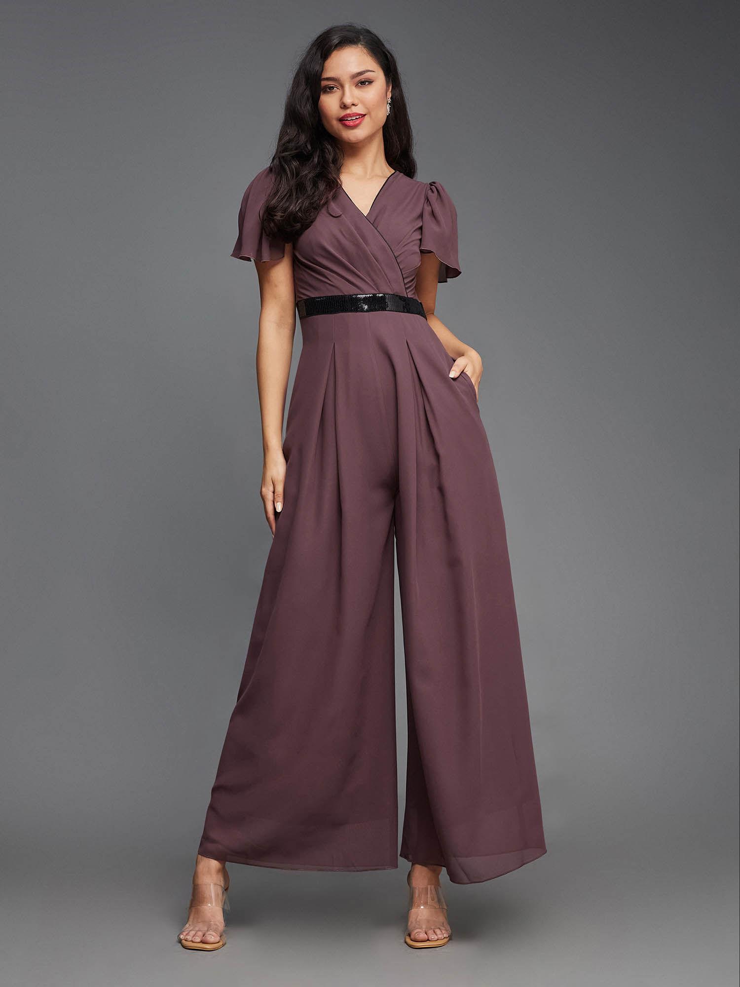 womens mauve solid relaxed fit short sleeve v-neck ankle-length jumpsuit