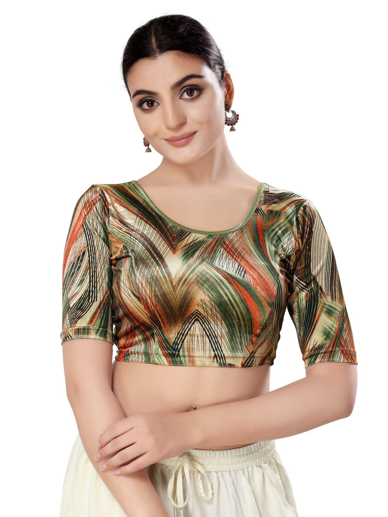 womens mehndi green printed stretchable saree blouse