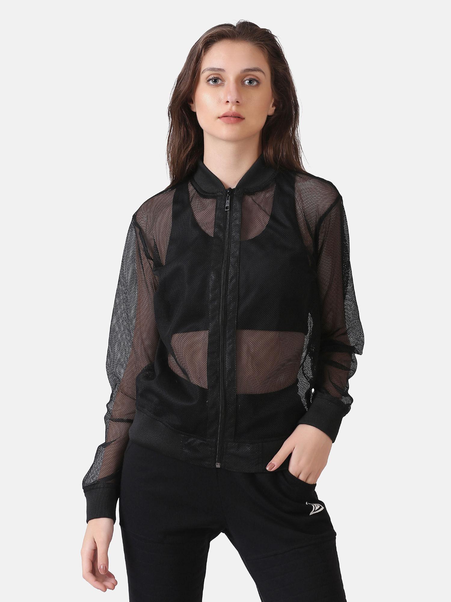 womens mesh zipper jacket-black