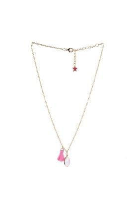 womens metallic gold western charm necklace with a pastel pink crystal pendant and tassels - multi