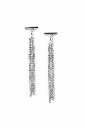 womens metallic silver bar studded diamante tassel drop western earrings