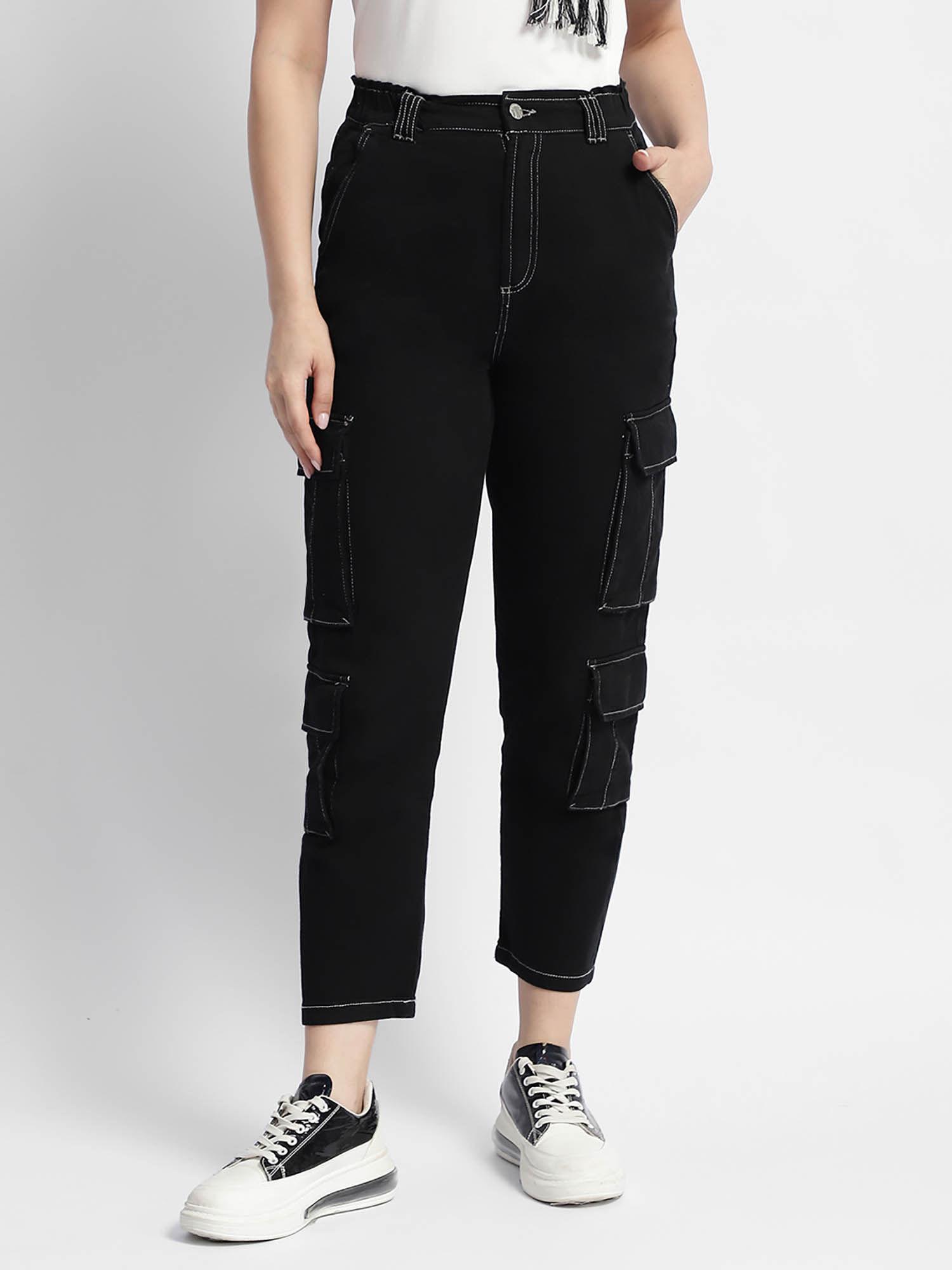 womens mid rise straight fit black cargo pant