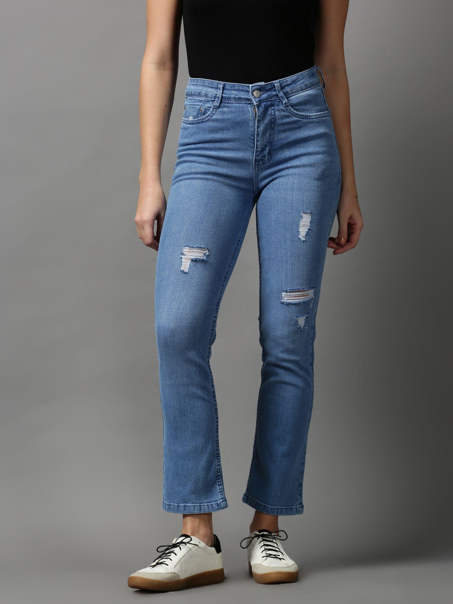 womens mildly distressed regular fit blue denim jeans