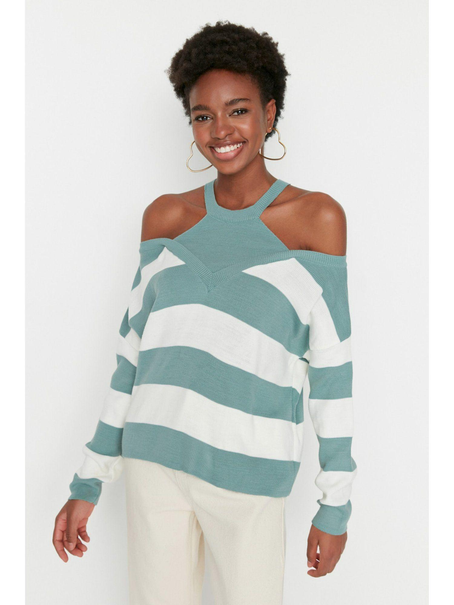 womens mint green and white stripes sweater