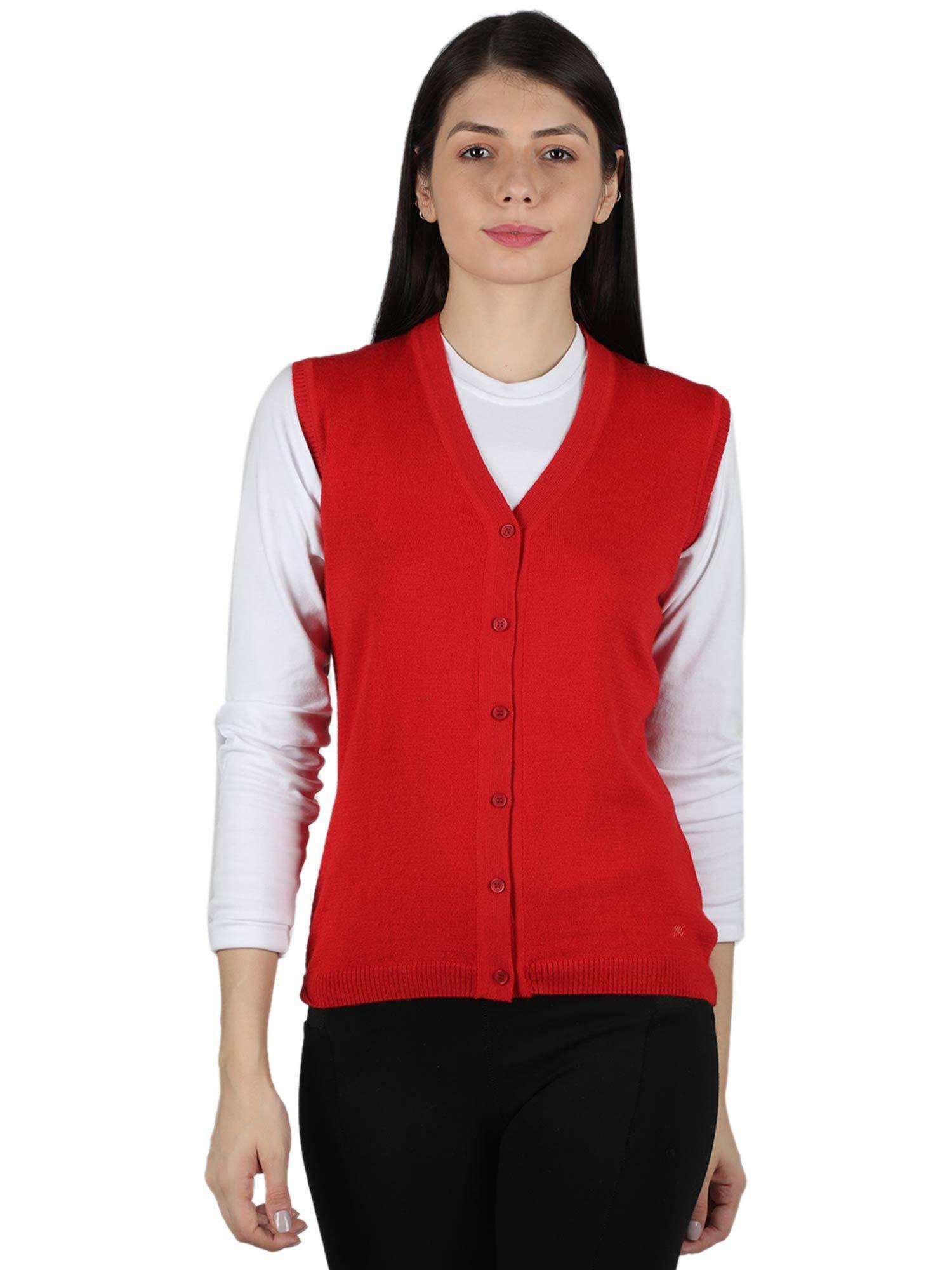 womens modal nylon red solid round neck cardigan