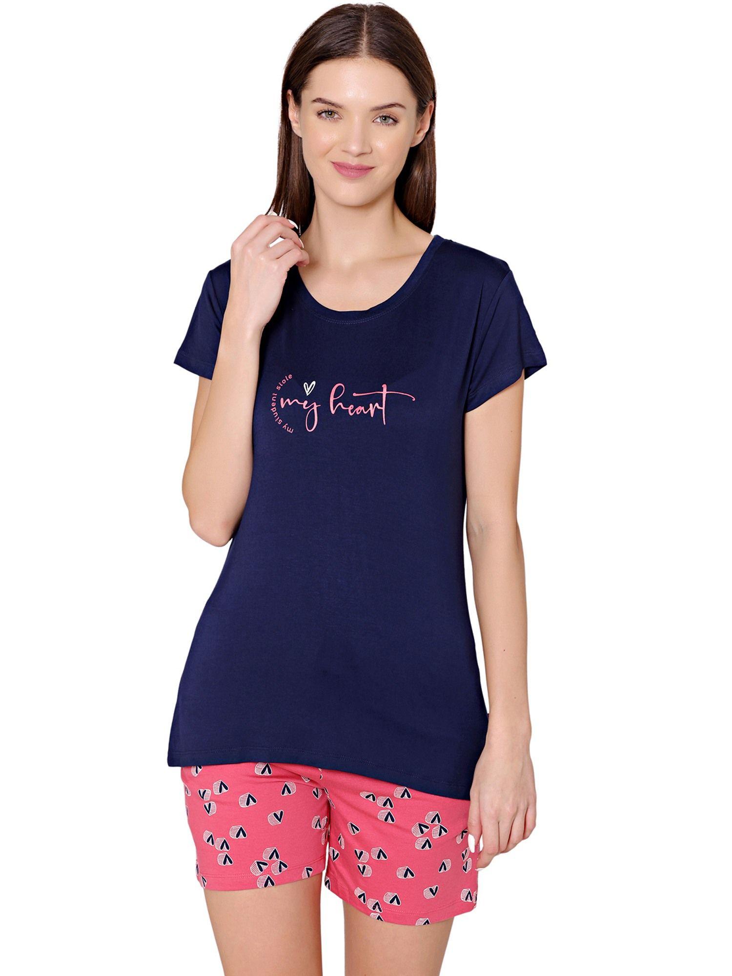 womens modal printed night suit of t-shirt & shorts -bsss17502 navy blue (set of 2)