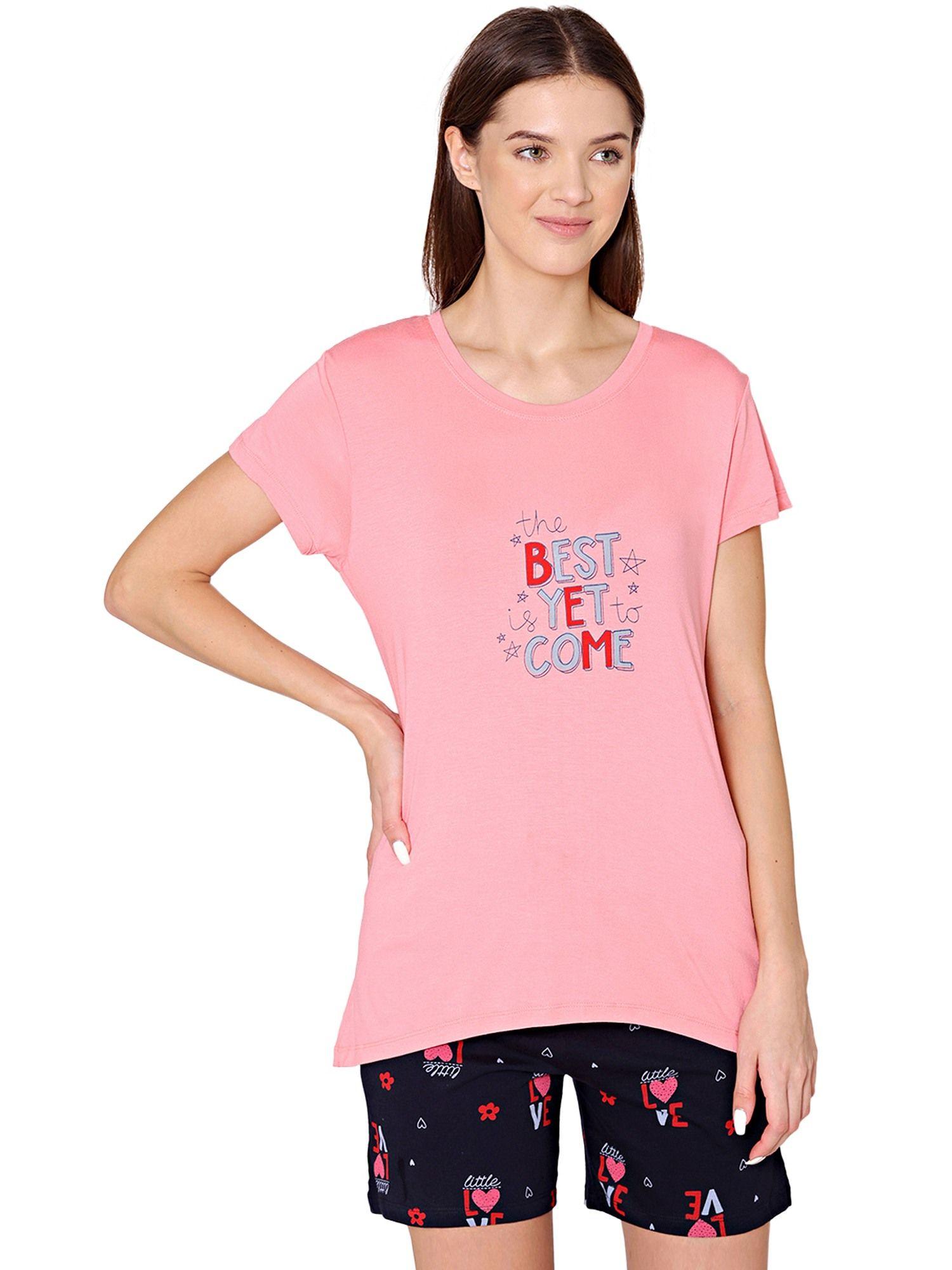 womens modal printed night suit of t-shirt & shorts -bsss17509 pink (set of 2)