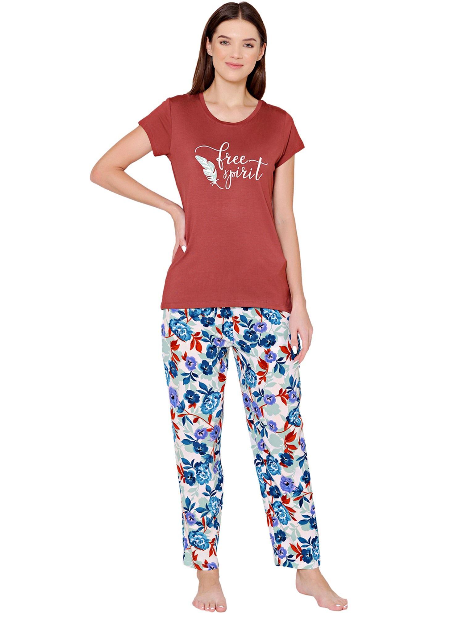 womens modal spandex printed t-shirt & pyjama bsls14001 red (set of 2)