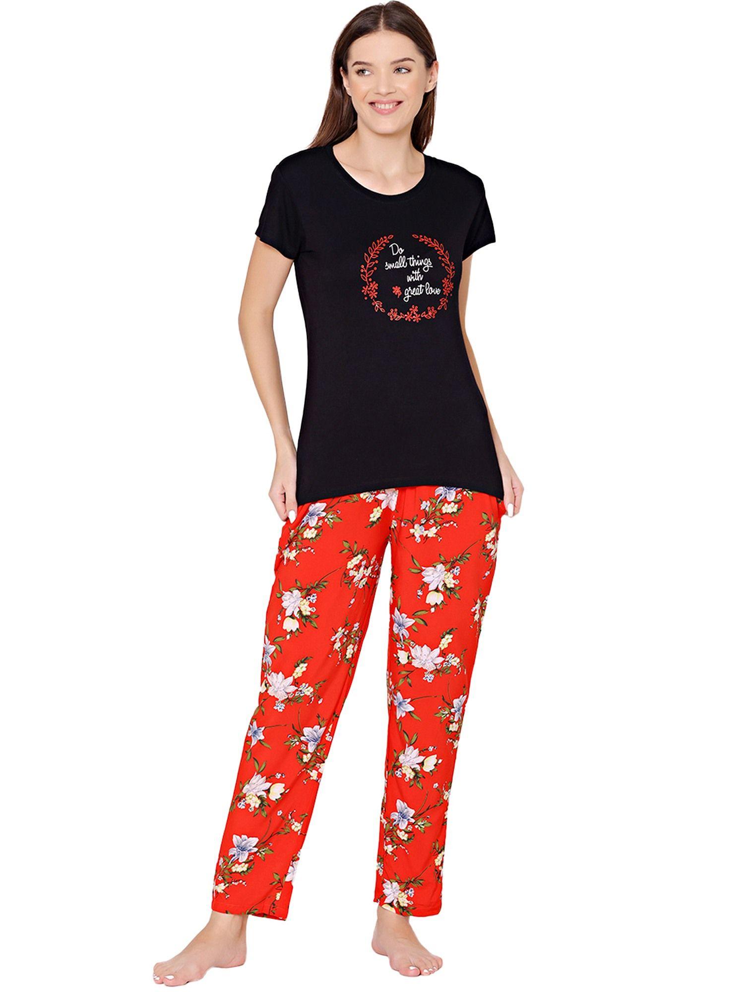 womens modal spandex printed t-shirt & pyjama bsls14003 black (set of 2)