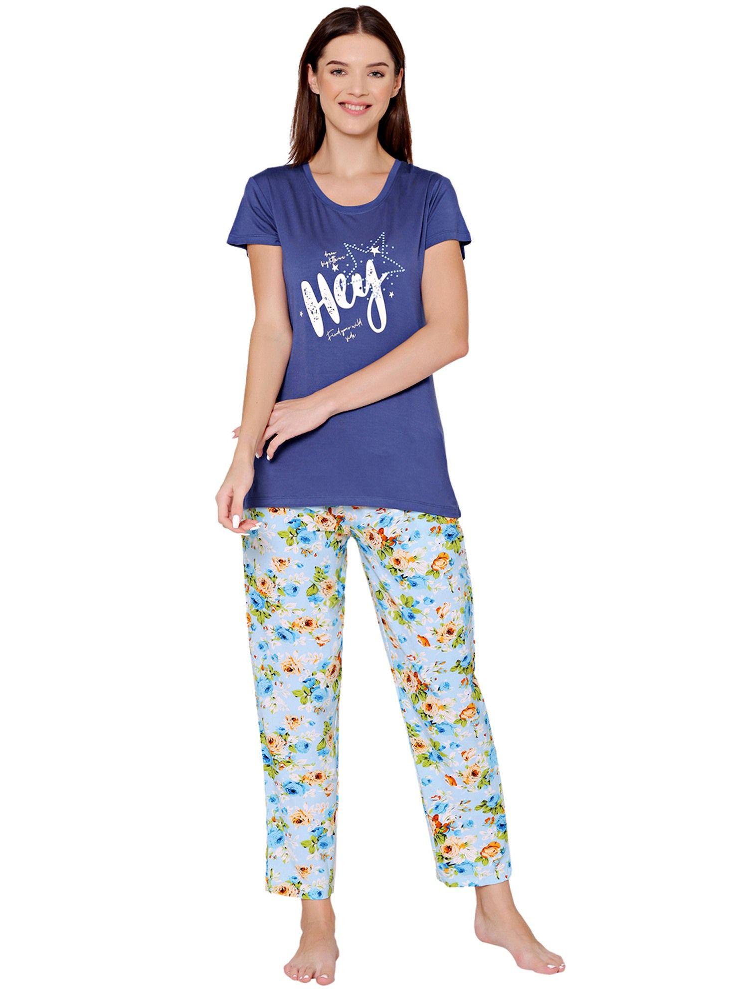 womens modal spandex printed t-shirt & pyjama bsls14004 blue (set of 2)