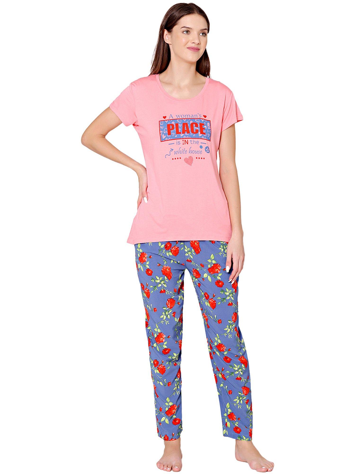 womens modal spandex printed t-shirt & pyjama bsls14005 pink (set of 2)