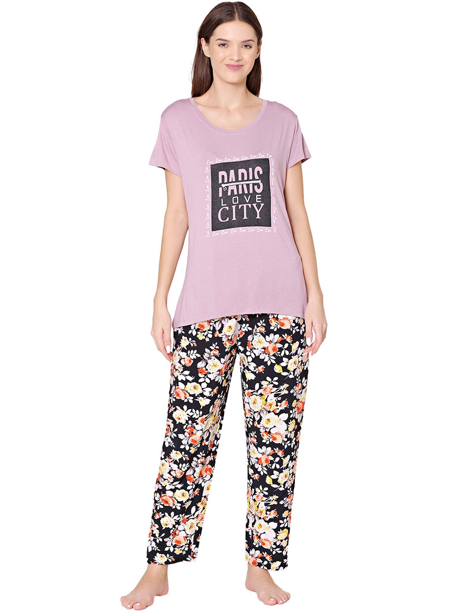 womens modal spandex printed t-shirt & pyjama bsls14006 multi-color (set of 2)