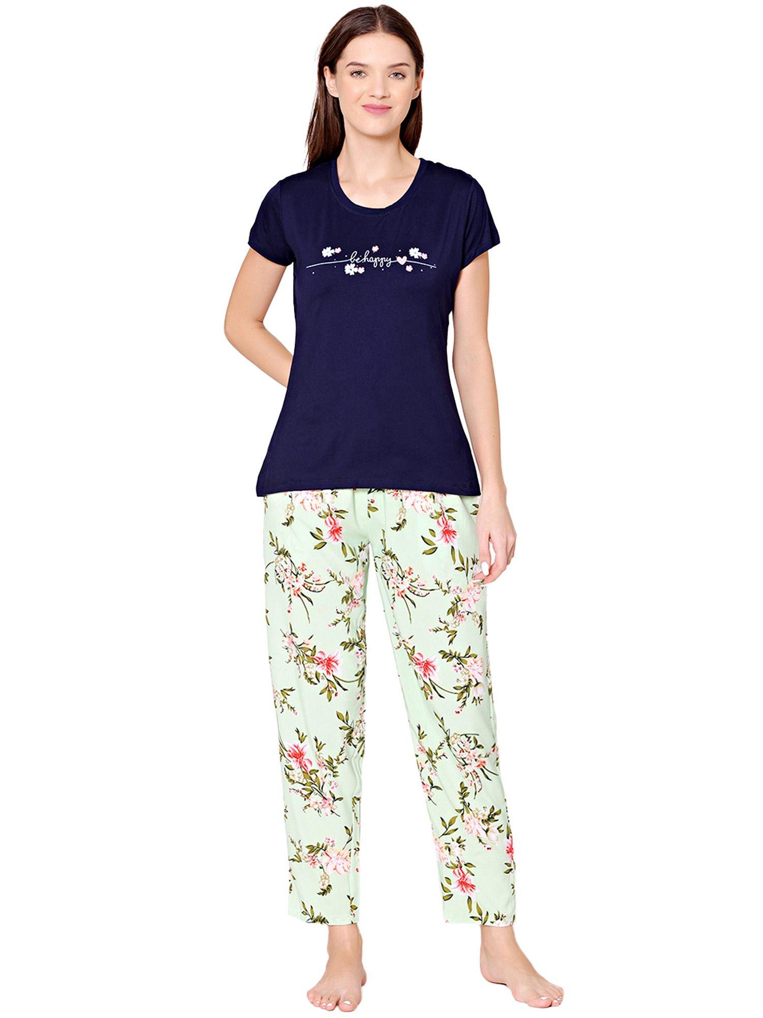 womens modal spandex printed t-shirt & pyjama bsls14007 navy blue (set of 2)