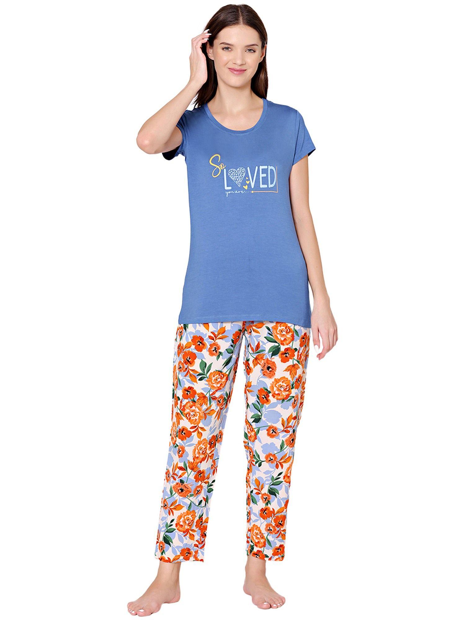 womens modal spandex printed t-shirt & pyjama bsls14008 multi-color (set of 2)