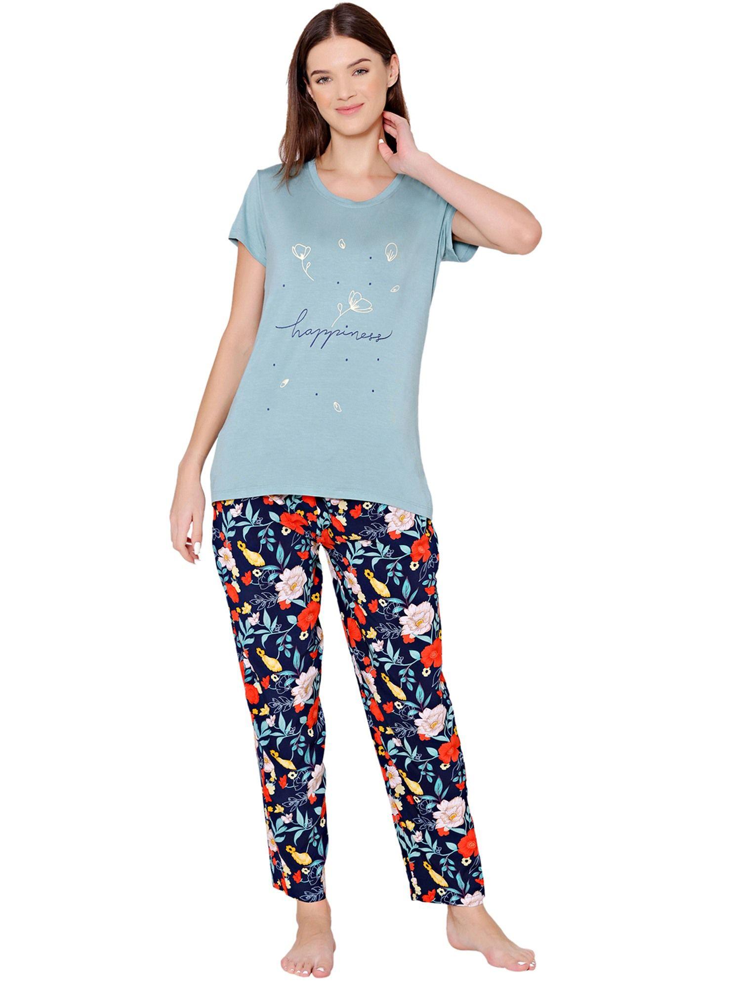 womens modal spandex printed t-shirt & pyjama bsls14009 multi-color (set of 2)