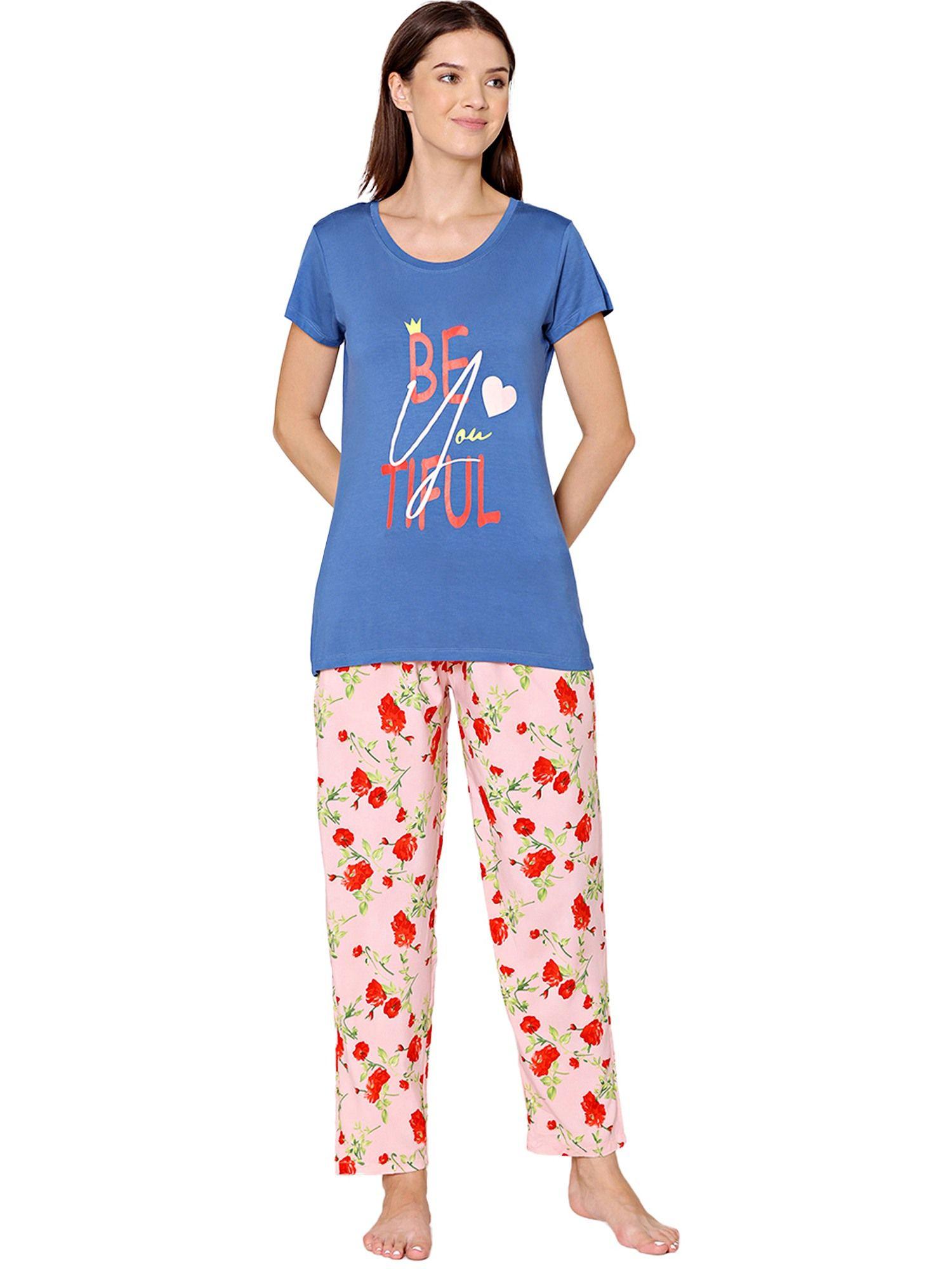 womens modal spandex printed t-shirt & pyjama bsls14010 blue (set of 2)