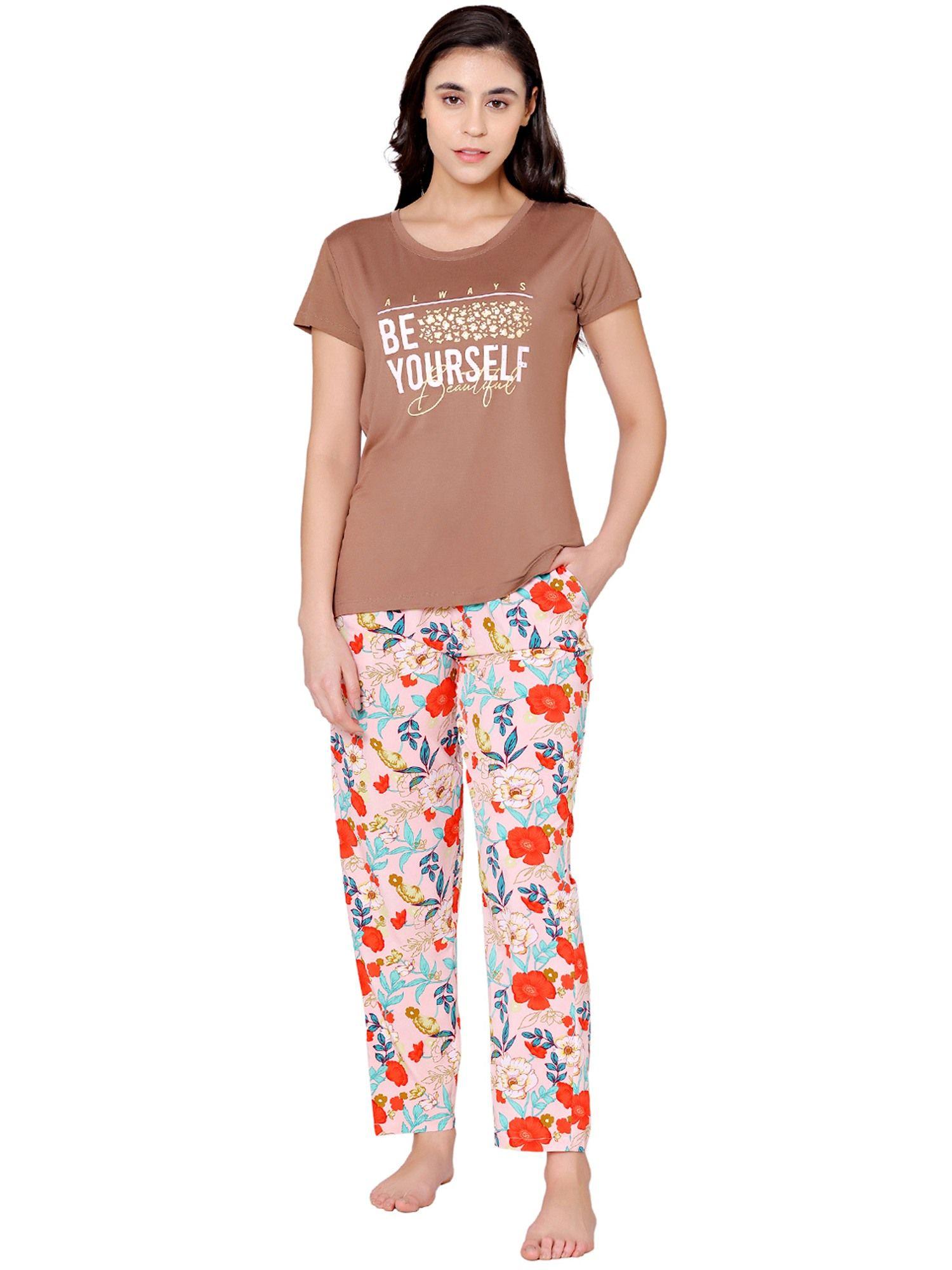 womens modal spandex printed t-shirt & pyjama bsls14012 multi-color (set of 2)