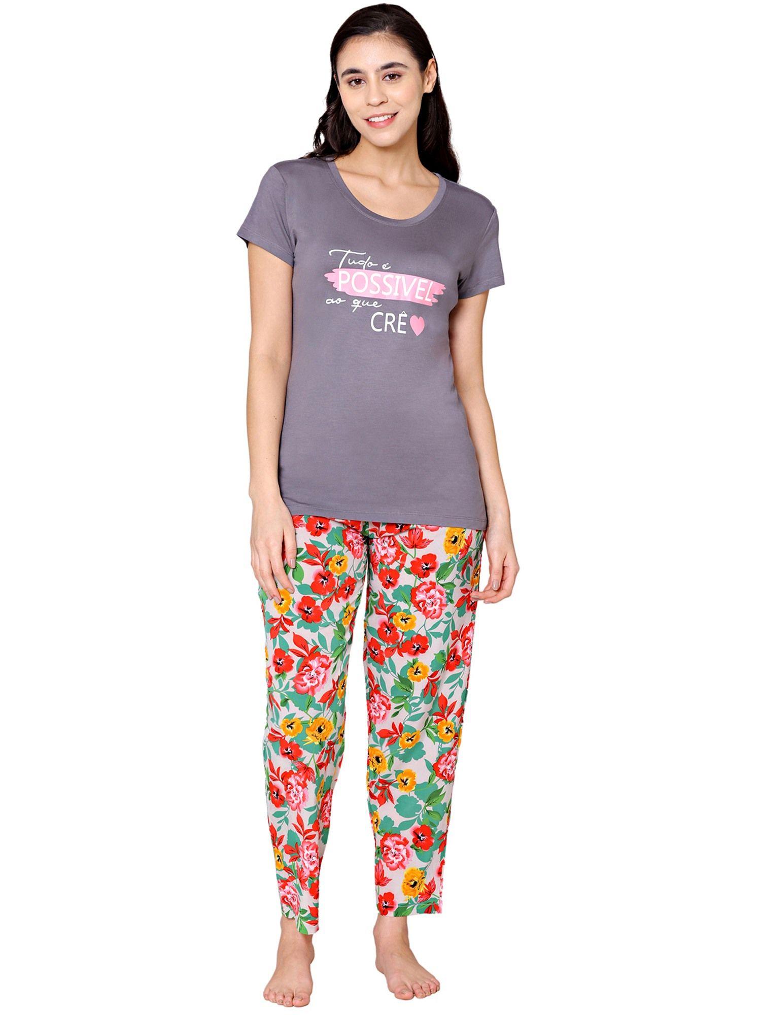 womens modal spandex printed t-shirt & pyjama bsls14013 multi-color (set of 2)