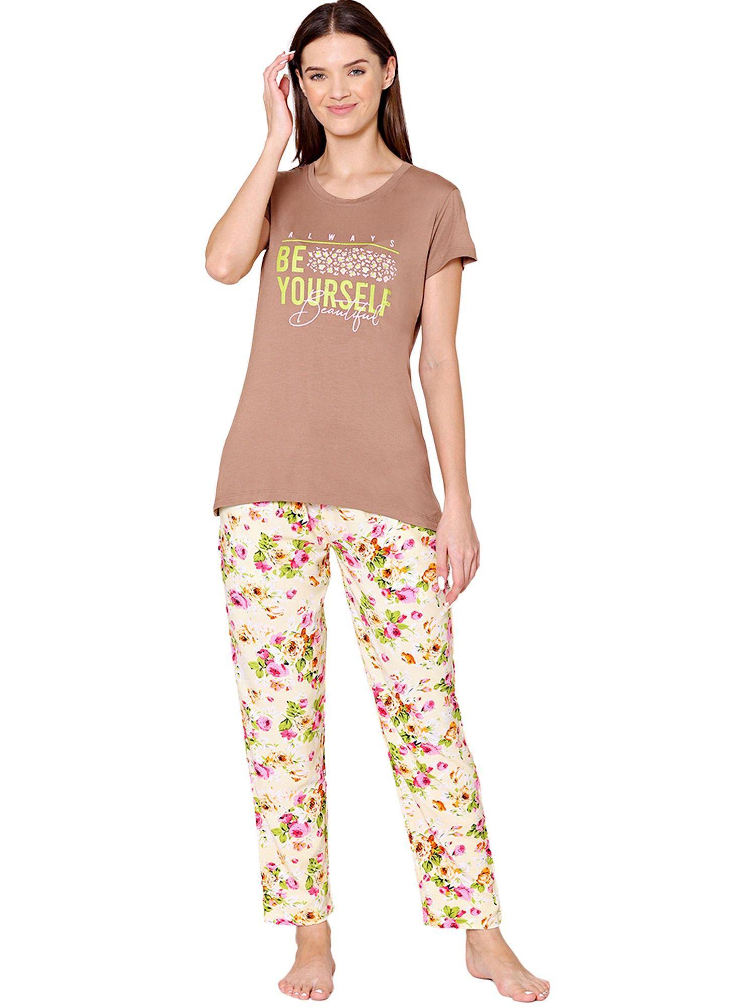 womens modal spandex printed t-shirt & pyjama bsls14014 multi-color (set of 2)