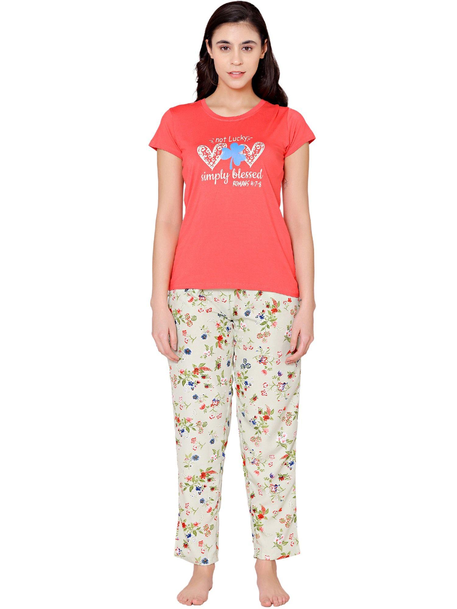 womens modal spandex printed t-shirt & pyjama bsls15001 pink (set of 2)