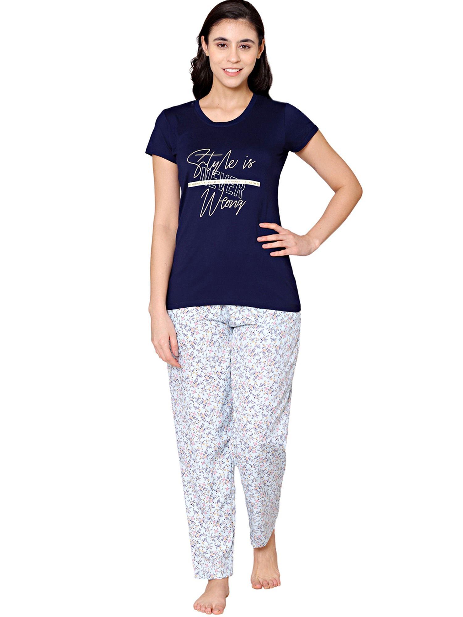 womens modal spandex printed t-shirt & pyjama bsls15002 blue (set of 2)