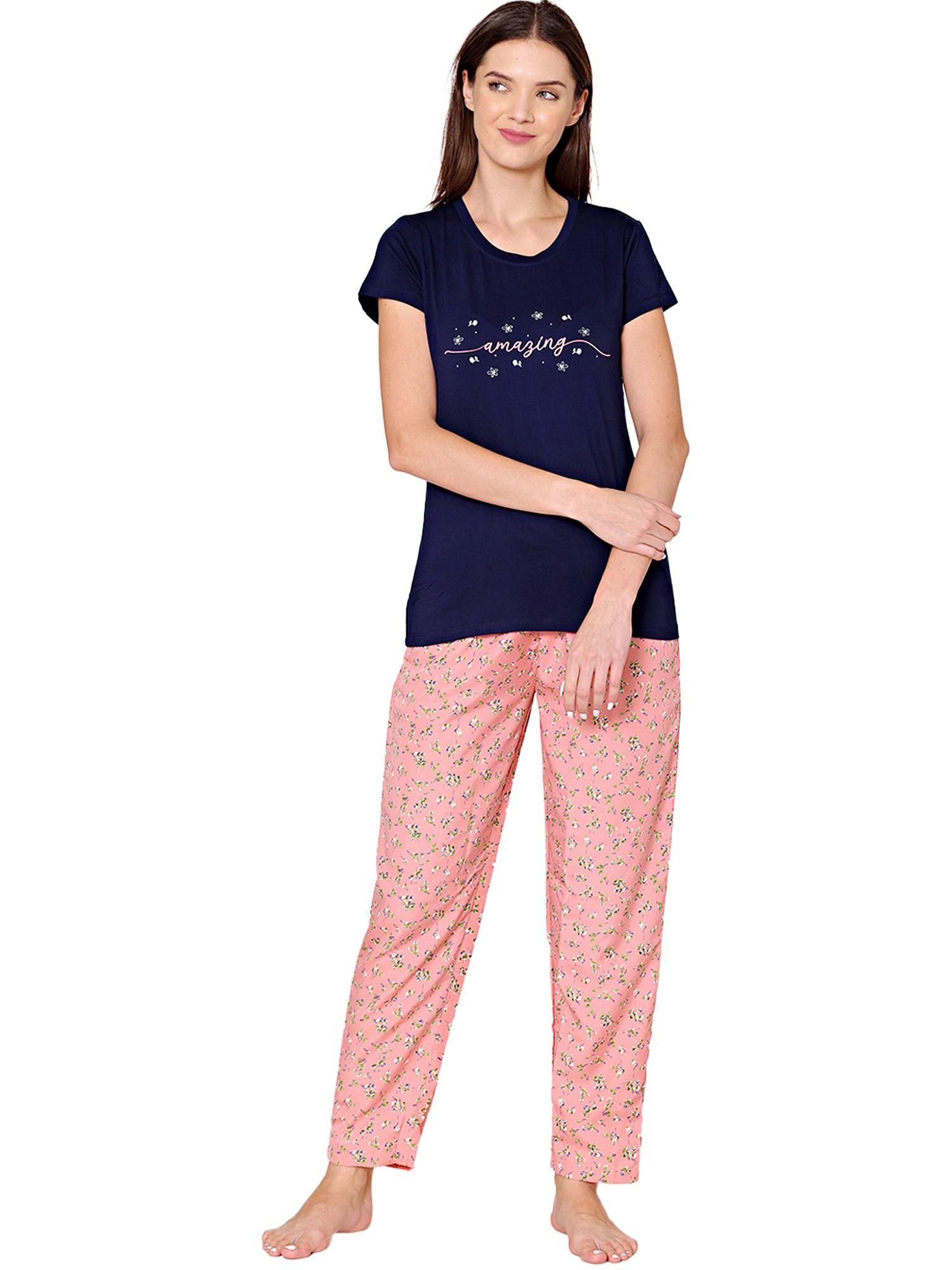 womens modal spandex printed t-shirt & pyjama bsls15003 navy blue (set of 2)