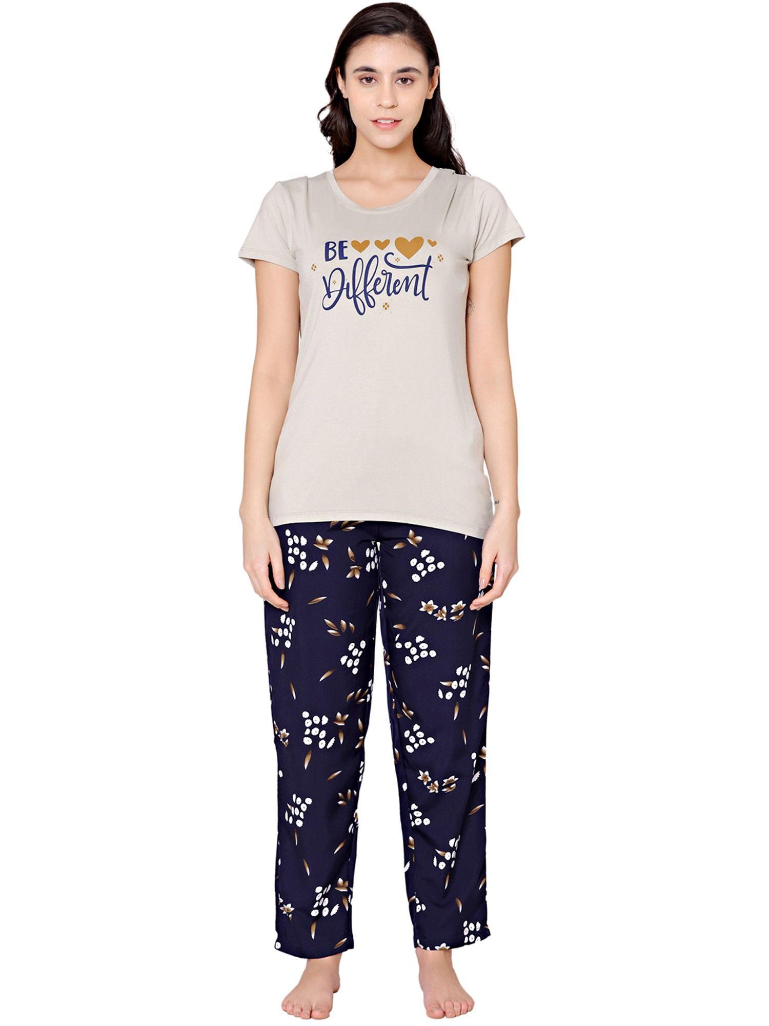 womens modal spandex printed t-shirt & pyjama bsls15004 grey (set of 2)