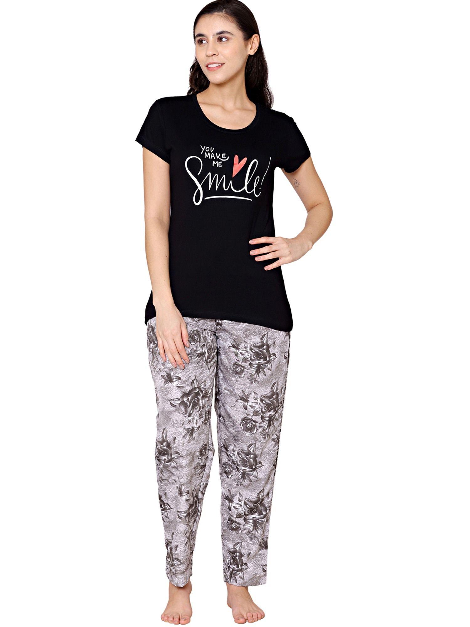 womens modal spandex printed t-shirt & pyjama bsls15005 black (set of 2)