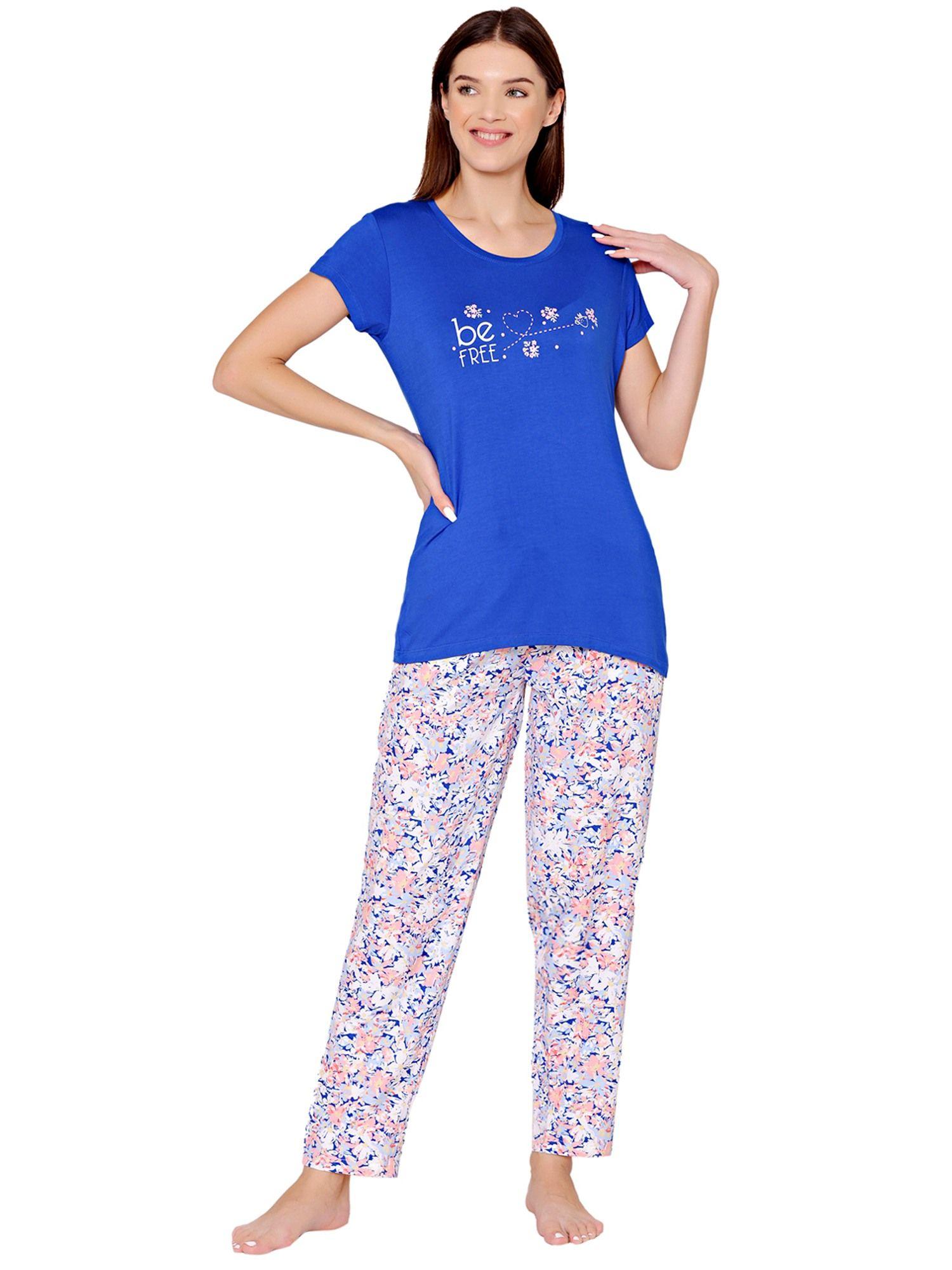 womens modal spandex printed t-shirt & pyjama bsls15006 blue (set of 2)