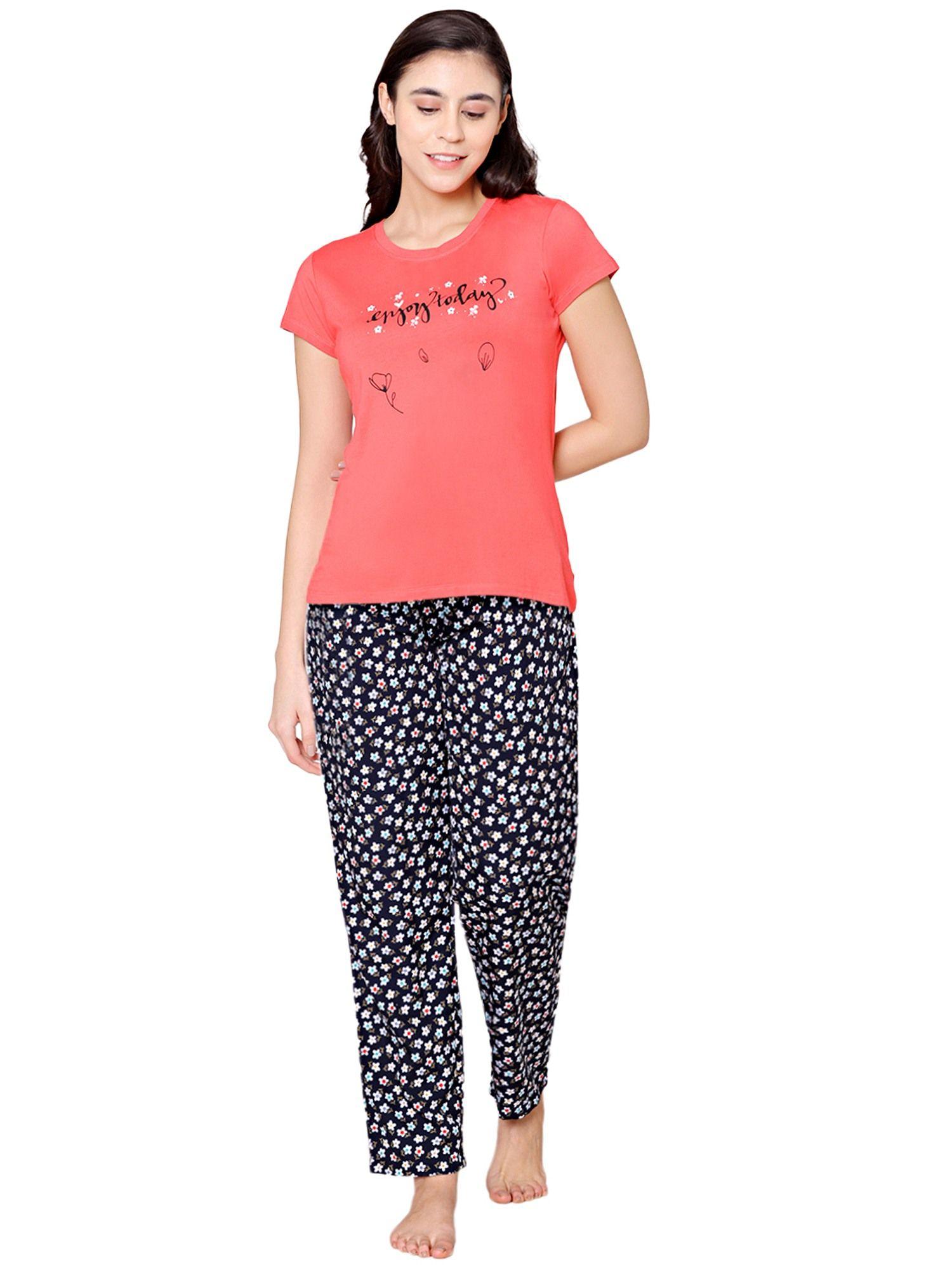 womens modal spandex printed t-shirt & pyjama bsls15007 coral (set of 2)